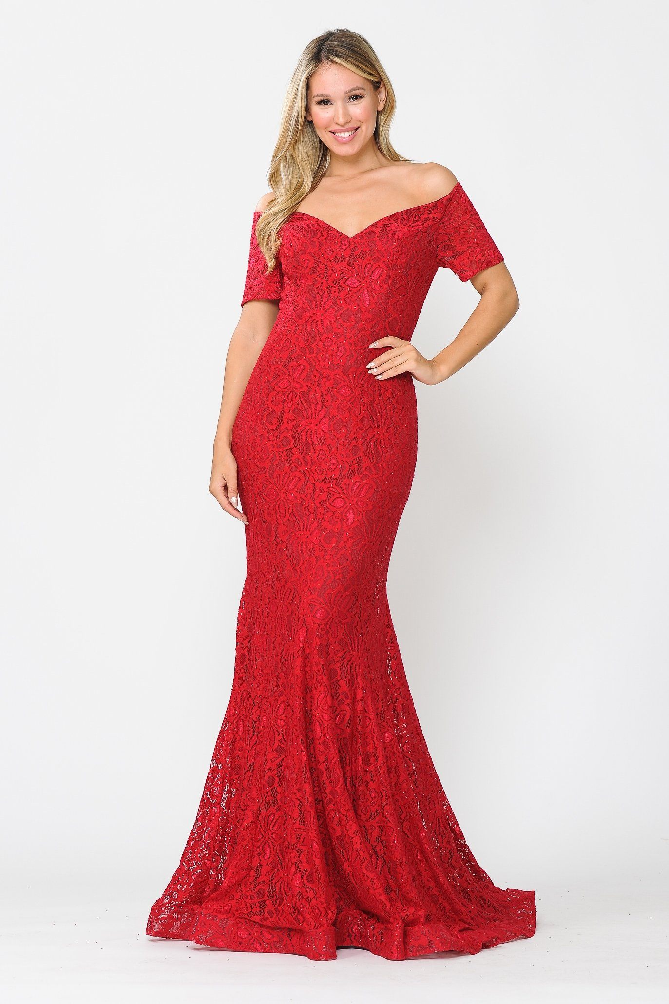 Red Off-the-Shoulder Floor-Length Lace Prom Mermaid Gown with Beaded Accents Poly USA 8596