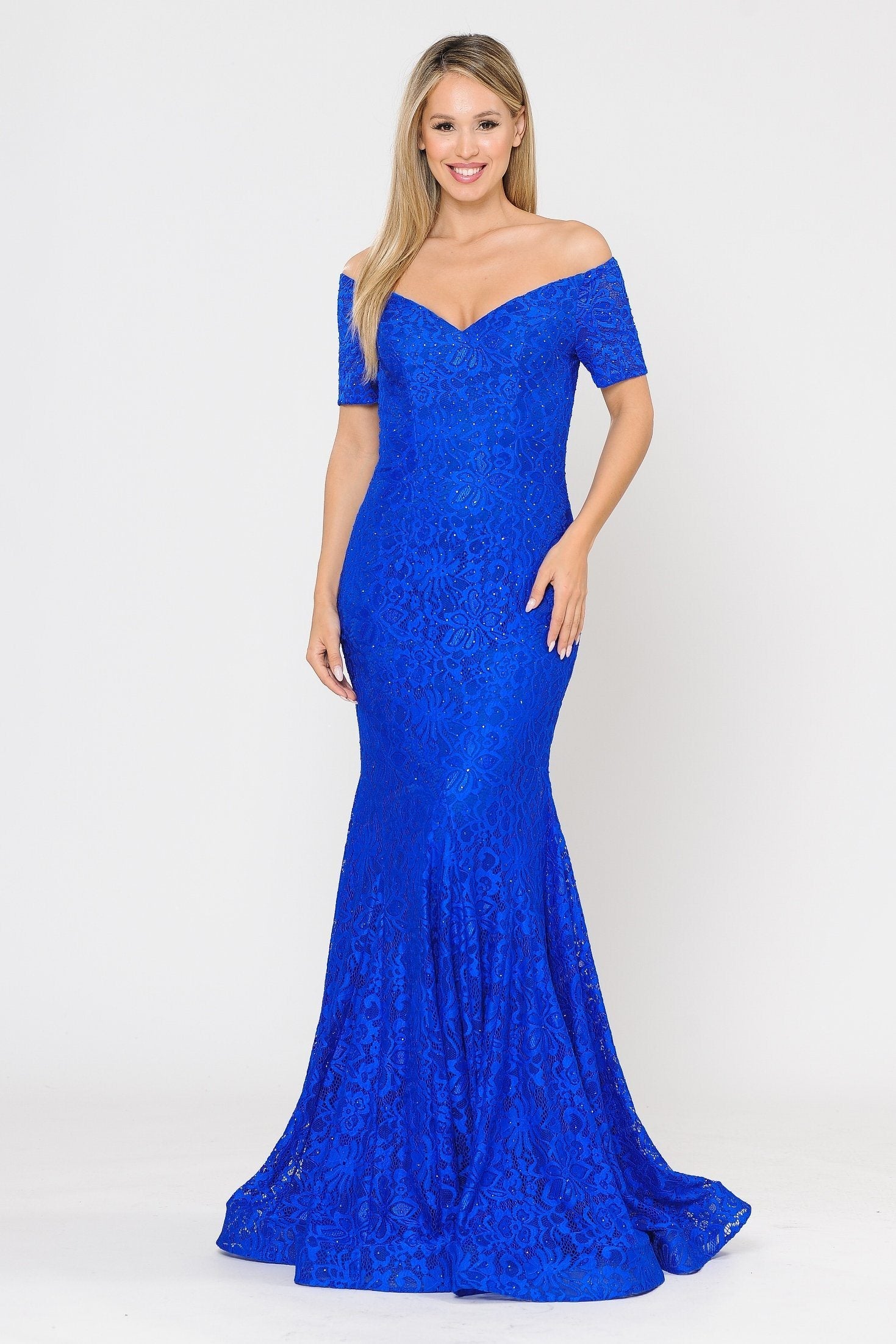Royal Off-the-Shoulder Floor-Length Lace Prom Mermaid Gown with Beaded Accents Poly USA 8596