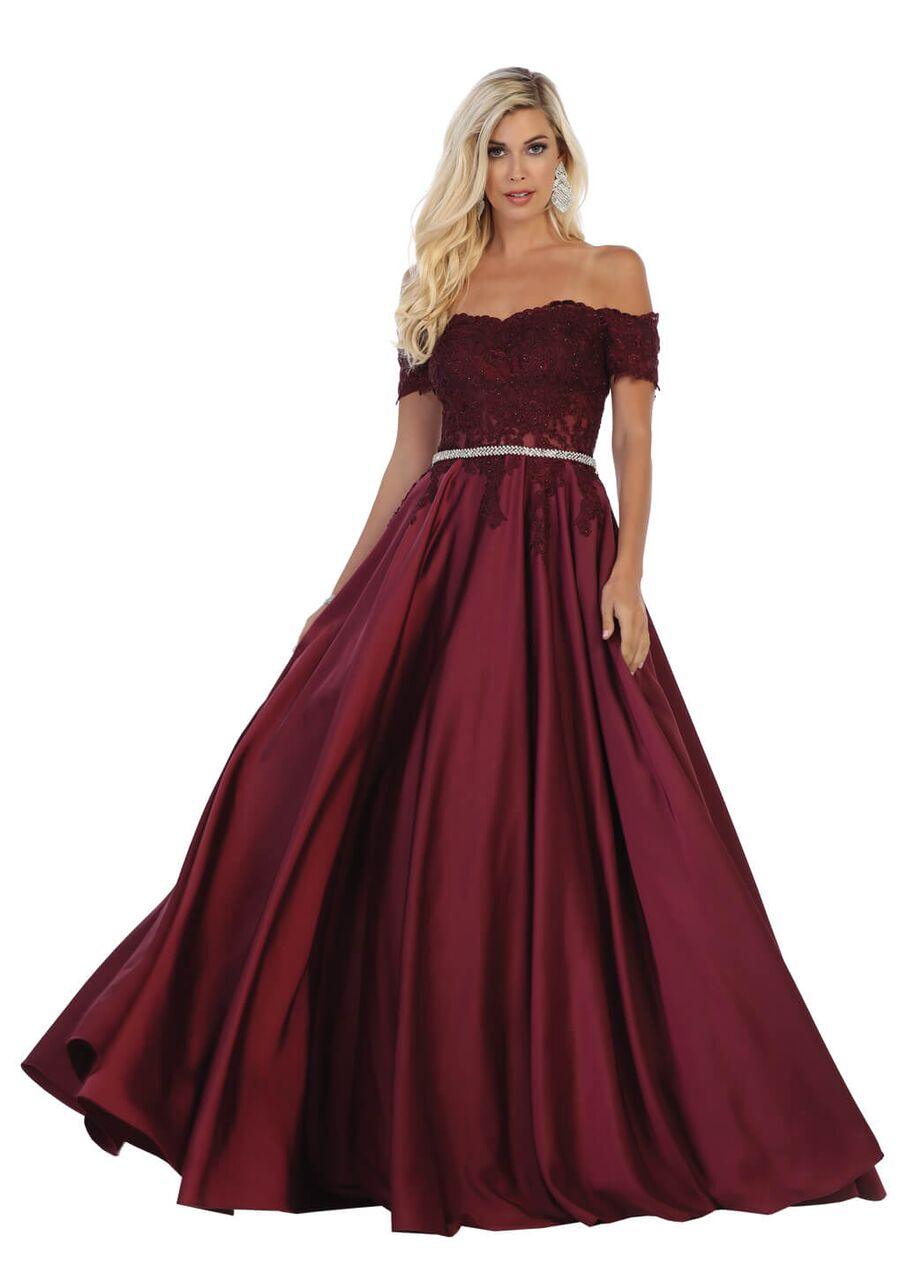 Long Off Shoulder Satin Skirt Prom Dress Evening Gown - The Dress Outlet May Queen