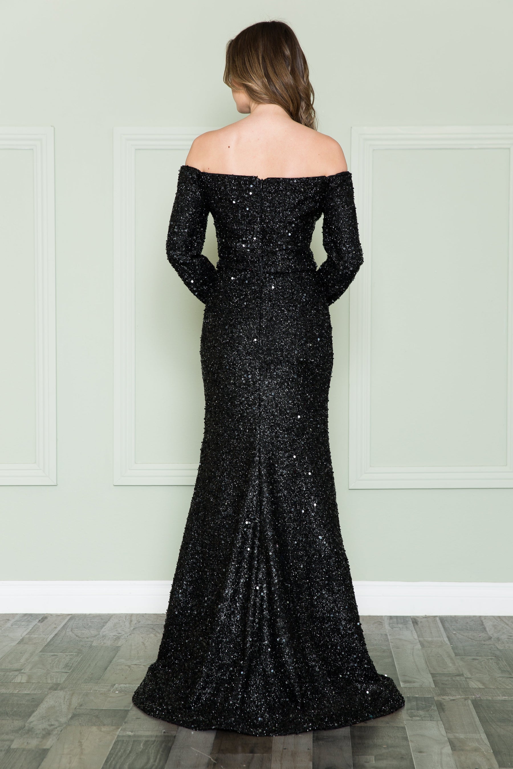 Black Off-the-Shoulder Floor-Length Sequin Formal Mermaid Gown Poly USA 8876
