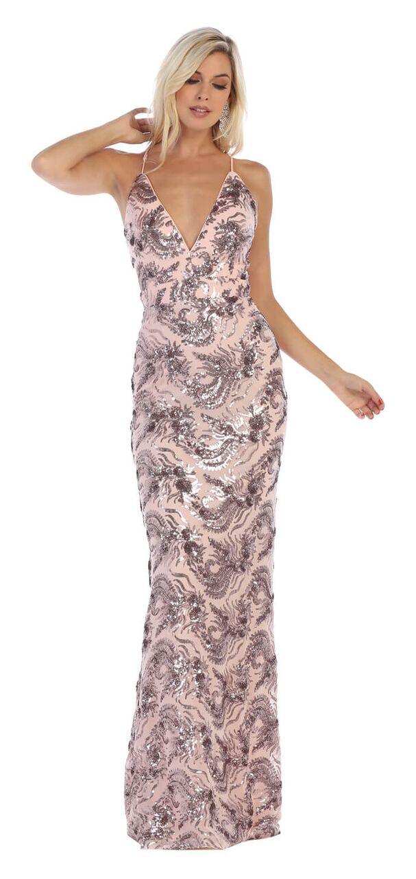 Long Prom Dress Deep V Neck Sequined Evening Gown - The Dress Outlet May Queen