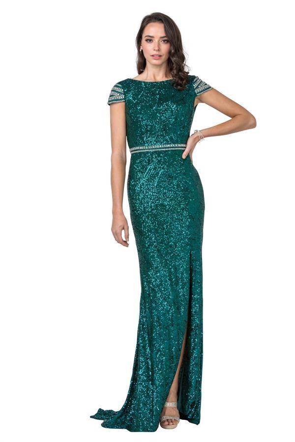 Long Prom Formal Beaded Cap Sleeves Evening Dress - The Dress Outlet