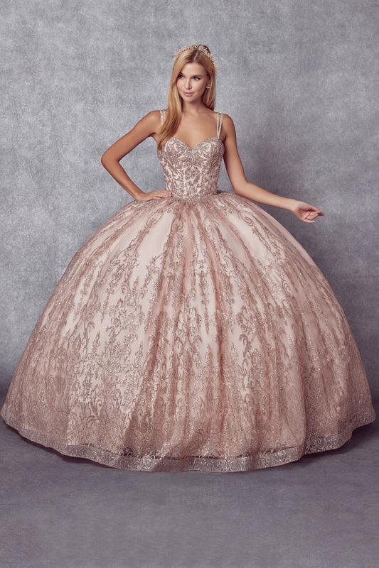 Long Quinceanera Glitter Mesh Ball Gown - The Dress Outlet