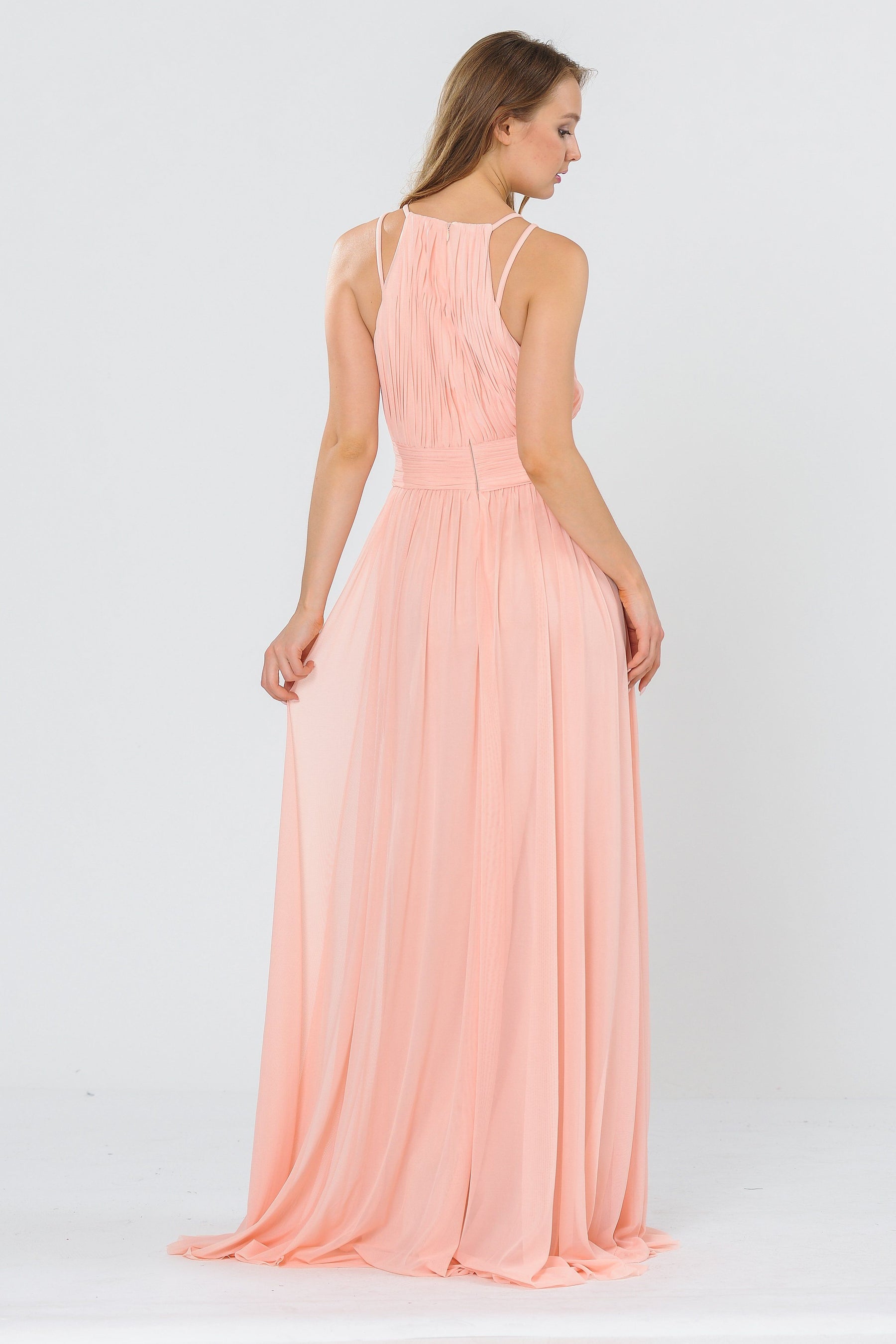 Blush Halter Floor-Length Ruched Chiffon Formal Gown with Pleated Waistband Poly USA 8396