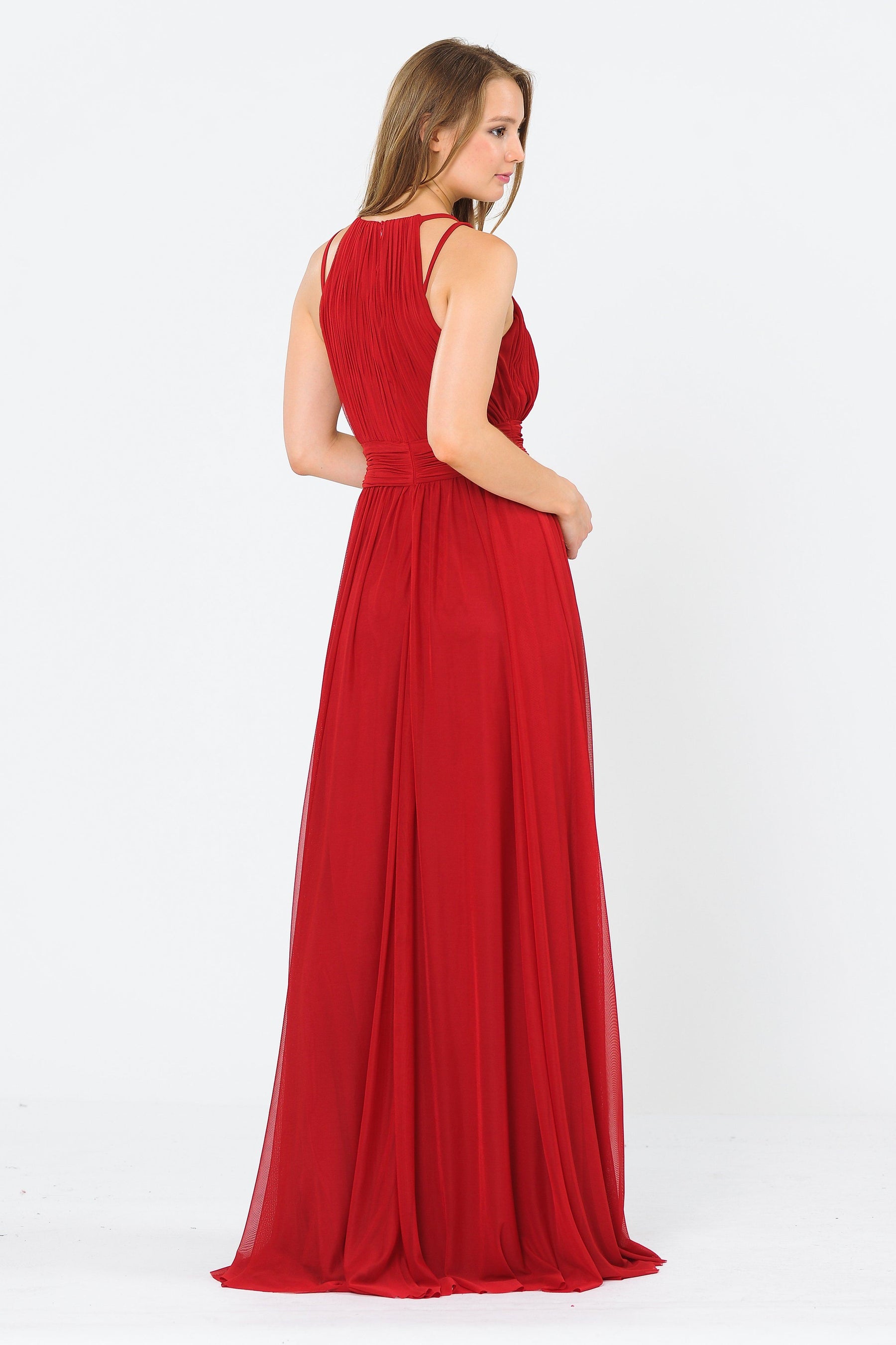Dark Red Halter Floor-Length Ruched Chiffon Formal Gown with Pleated Waistband Poly USA 8396