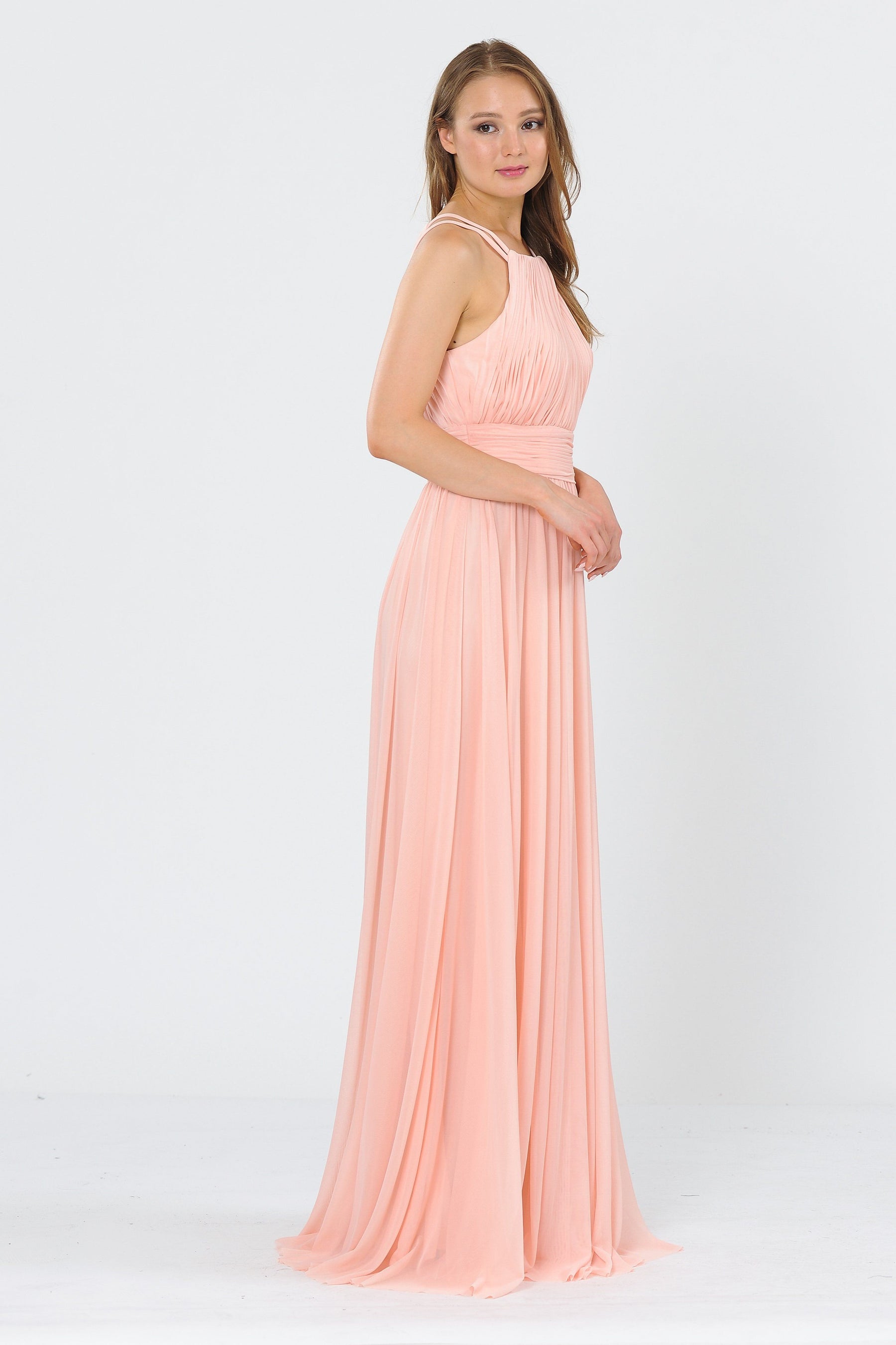 Blush Halter Floor-Length Ruched Chiffon Formal Gown with Pleated Waistband Poly USA 8396
