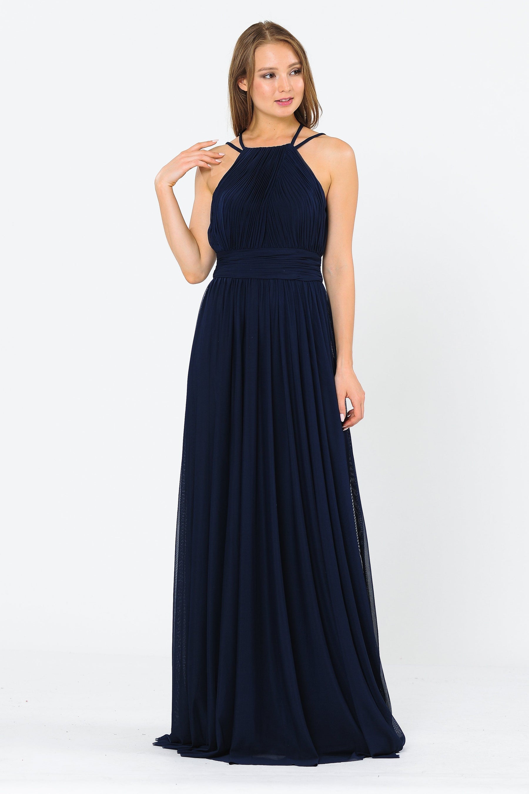 Navy Halter Floor-Length Ruched Chiffon Formal Gown with Pleated Waistband Poly USA 8396