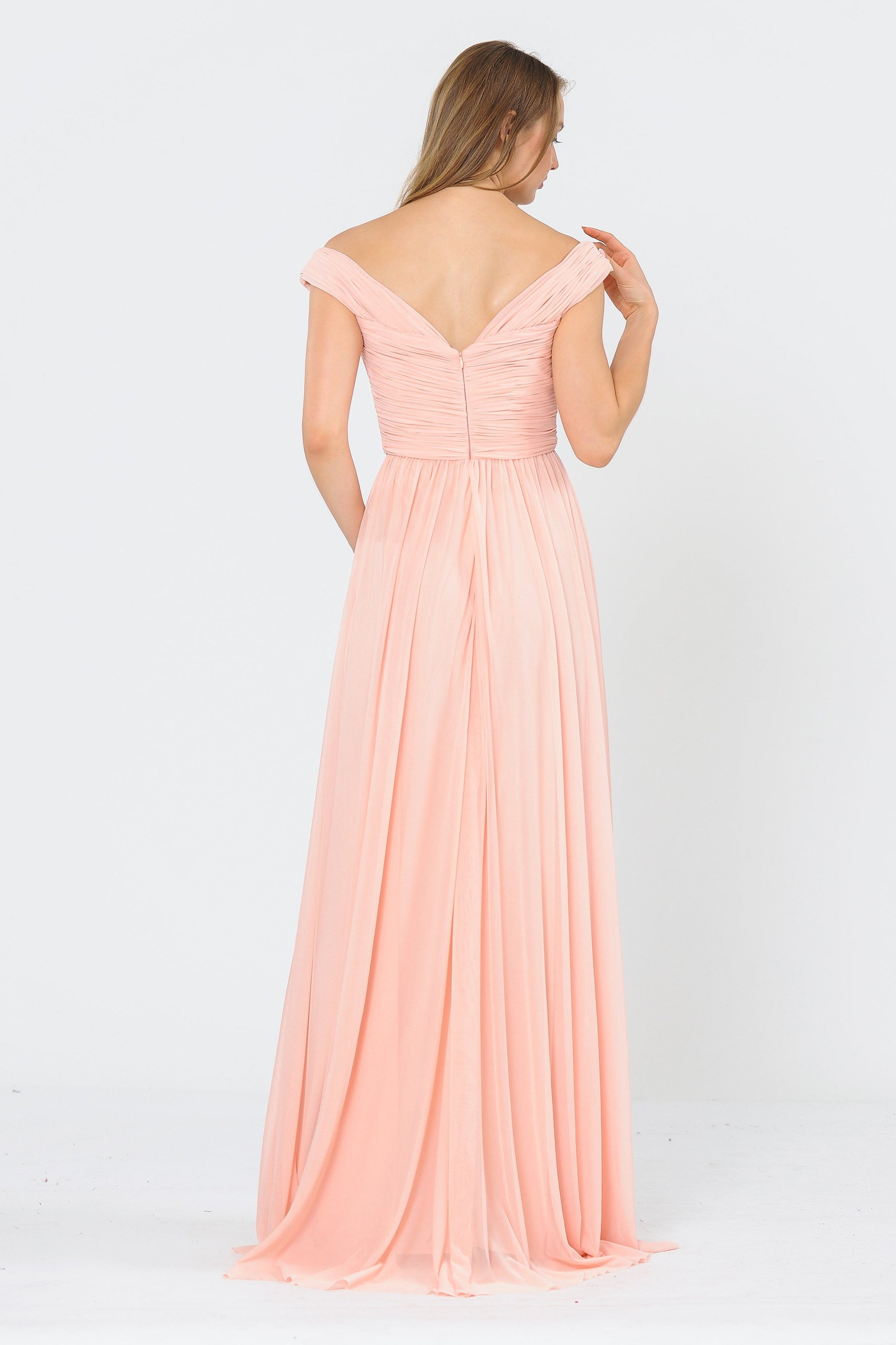 Blush Off-the-Shoulder Floor-Length Chiffon Formal Gown with Ruched Bodice Poly USA 8398