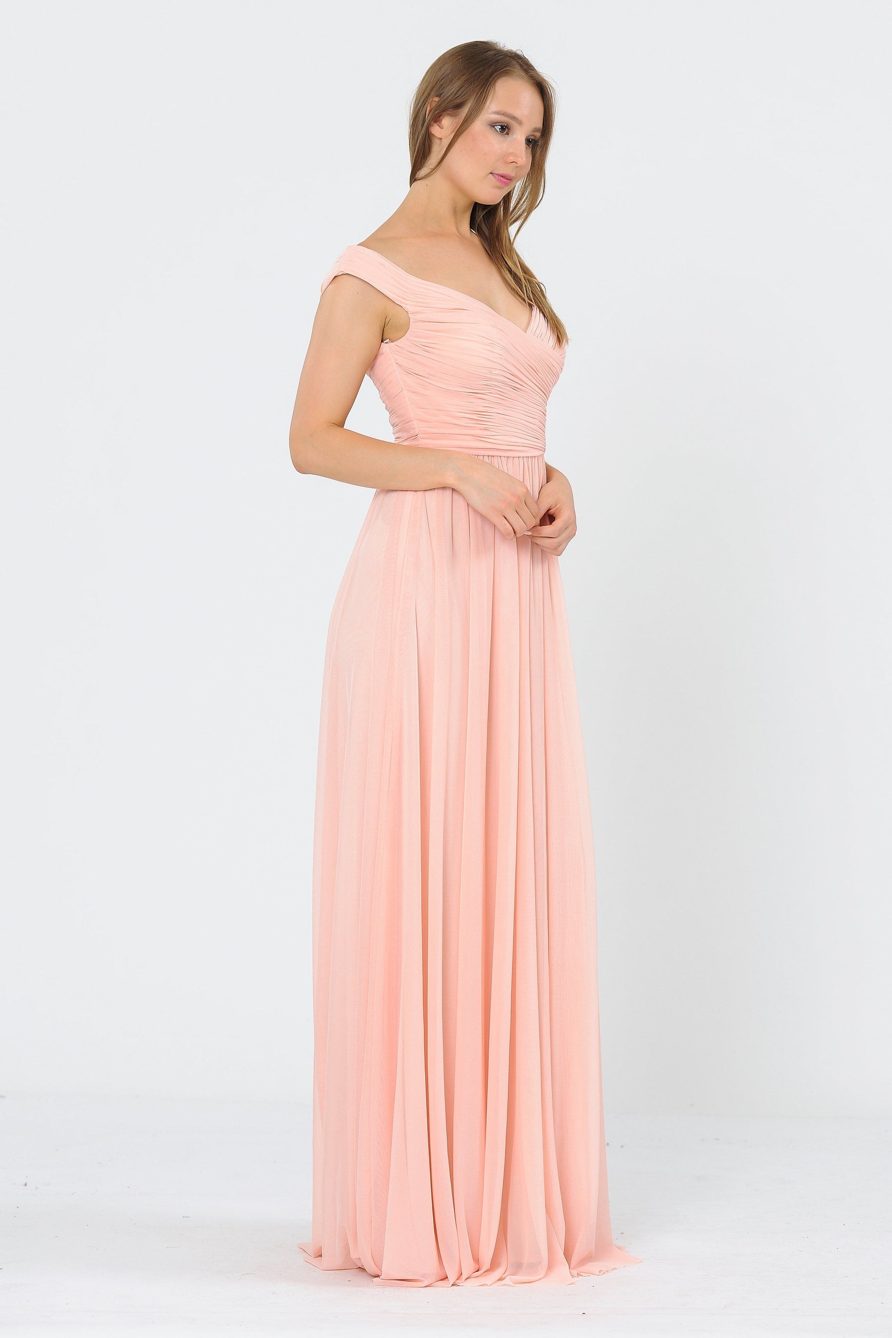Blush Off-the-Shoulder Floor-Length Chiffon Formal Gown with Ruched Bodice Poly USA 8398
