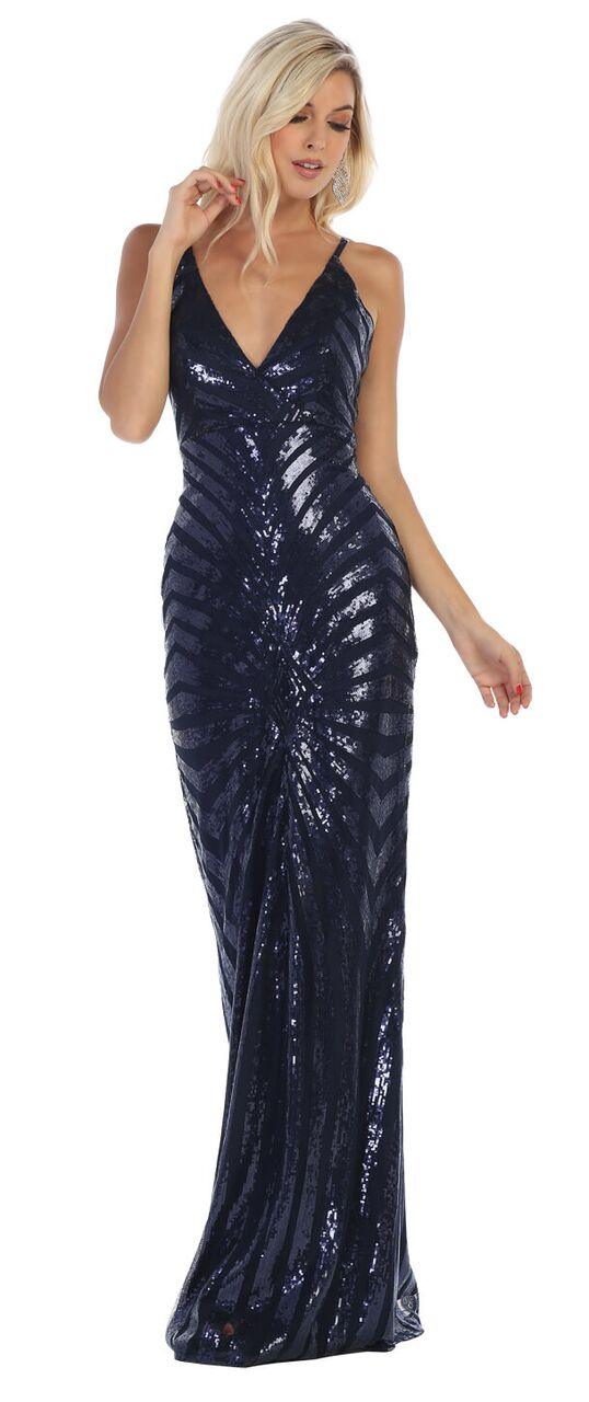 Long Sequin Deep V Neck Prom Formal Dress - The Dress Outlet May Queen
