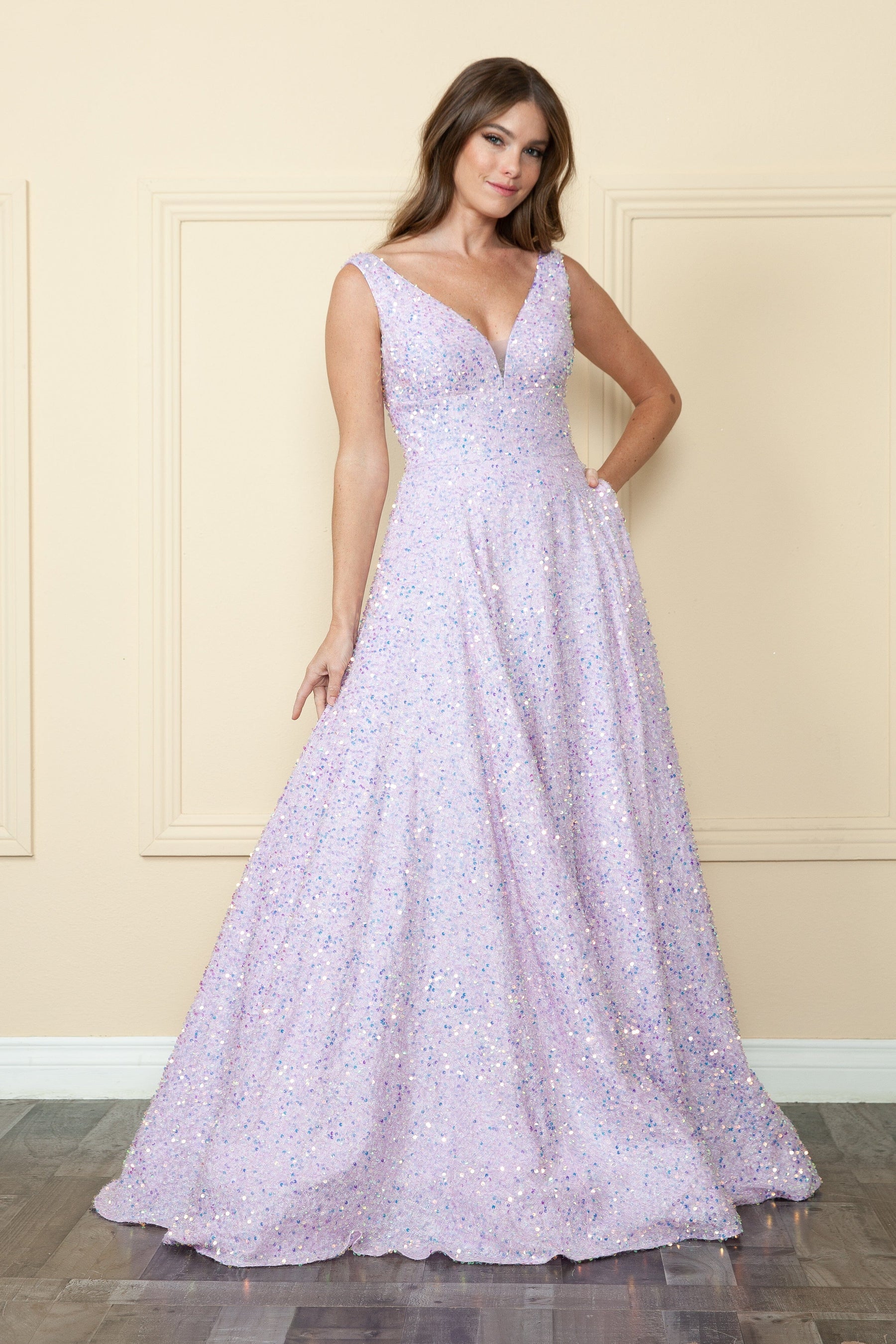 Lavender V-Neck Floor Length Velvet Prom Dress with Sweep Train A-line Formal Gown Poly USA 9168