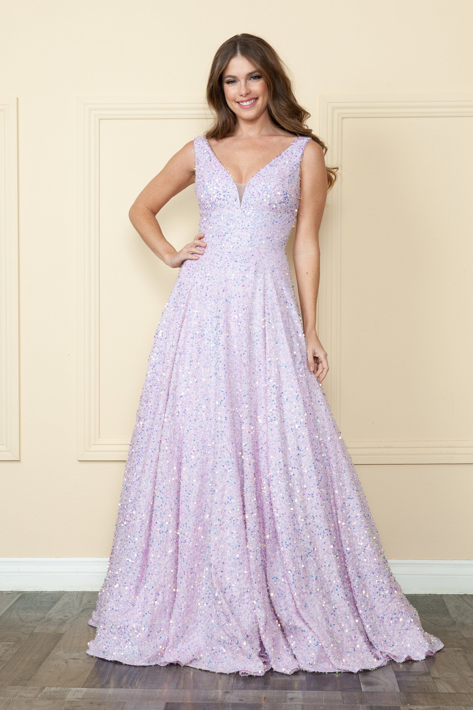 Lavender V-Neck Floor Length Velvet Prom Dress with Sweep Train A-line Formal Gown Poly USA 9168