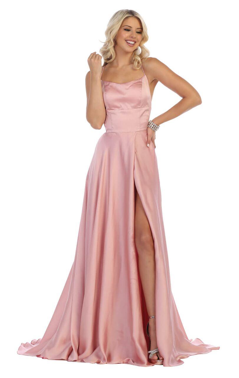Long Sexy Slit Satin Open Back Prom Dress - The Dress Outlet May Queen