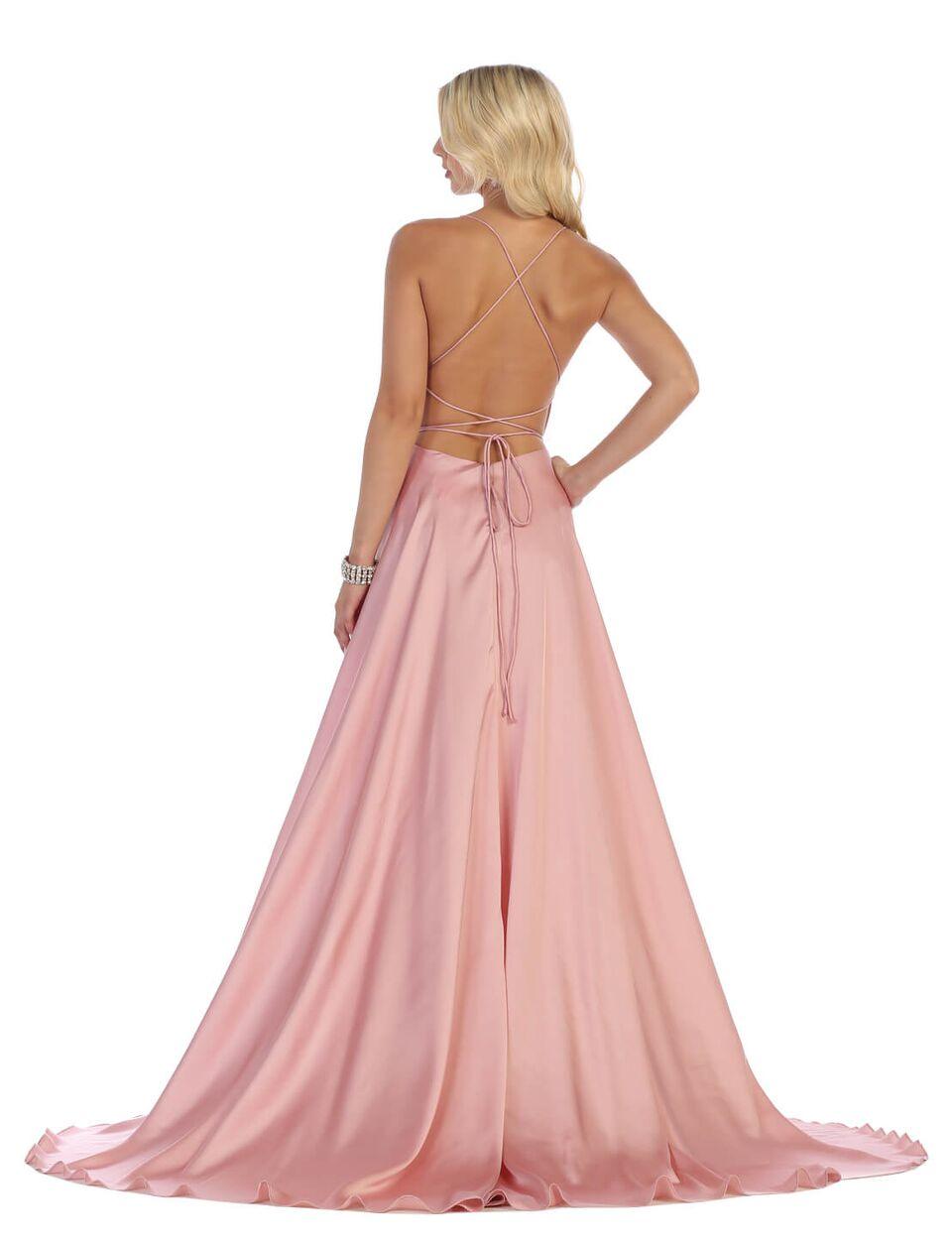 Long Sexy Slit Satin Open Back Prom Dress - The Dress Outlet May Queen