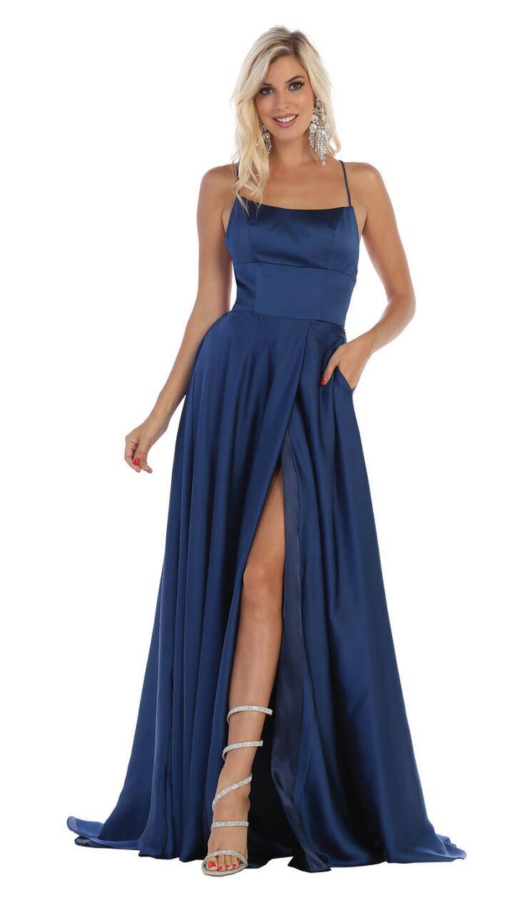 Long Sexy Slit Satin Open Back Prom Dress - The Dress Outlet May Queen