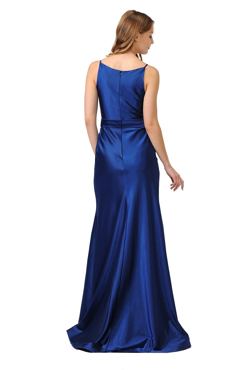 Navy V-Neck Floor-Length Satin Prom Dress with Spaghetti Straps Poly USA 9028