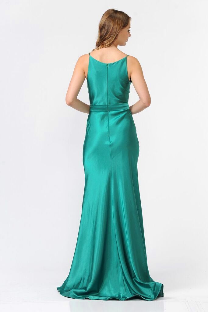 Green V-Neck Floor-Length Satin Prom Dress with Spaghetti Straps Poly USA 9028