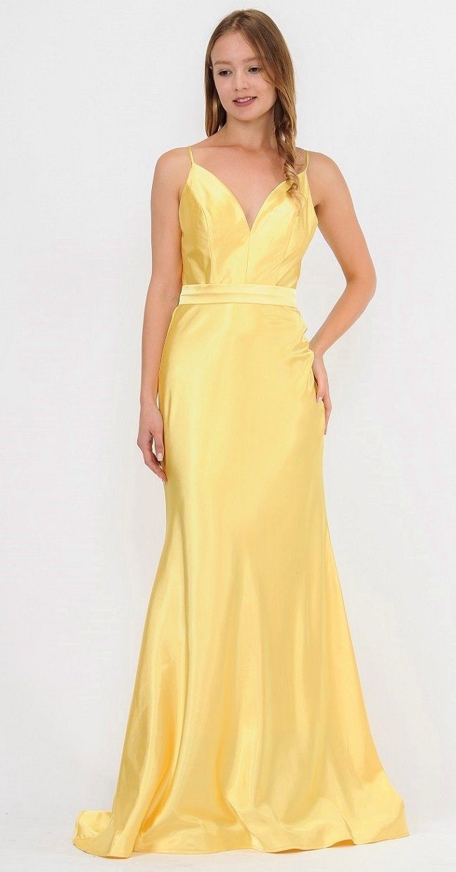 Yellow V-Neck Floor-Length Satin Prom Dress with Spaghetti Straps Poly USA 9028