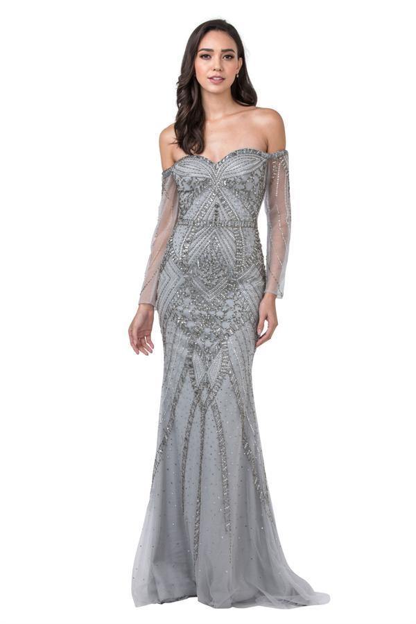 Long Sleeve Formal Beaded Off Shoulder Evening Dress - The Dress Outlet