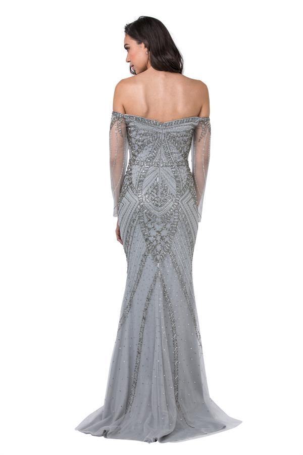 Long Sleeve Formal Beaded Off Shoulder Evening Dress - The Dress Outlet