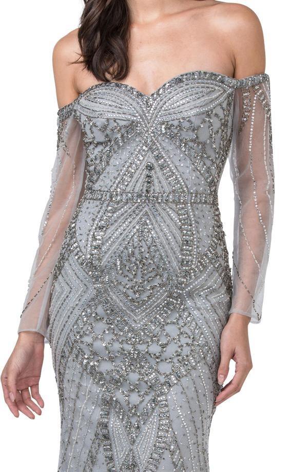 Long Sleeve Formal Beaded Off Shoulder Evening Dress - The Dress Outlet