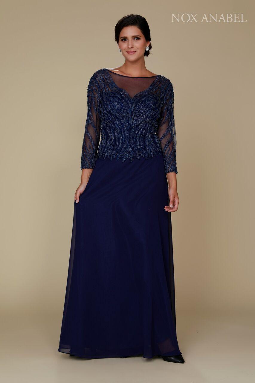 Long Sleeve Mother of the Bride Beaded Formal Dress - The Dress Outlet Nox Anabel
