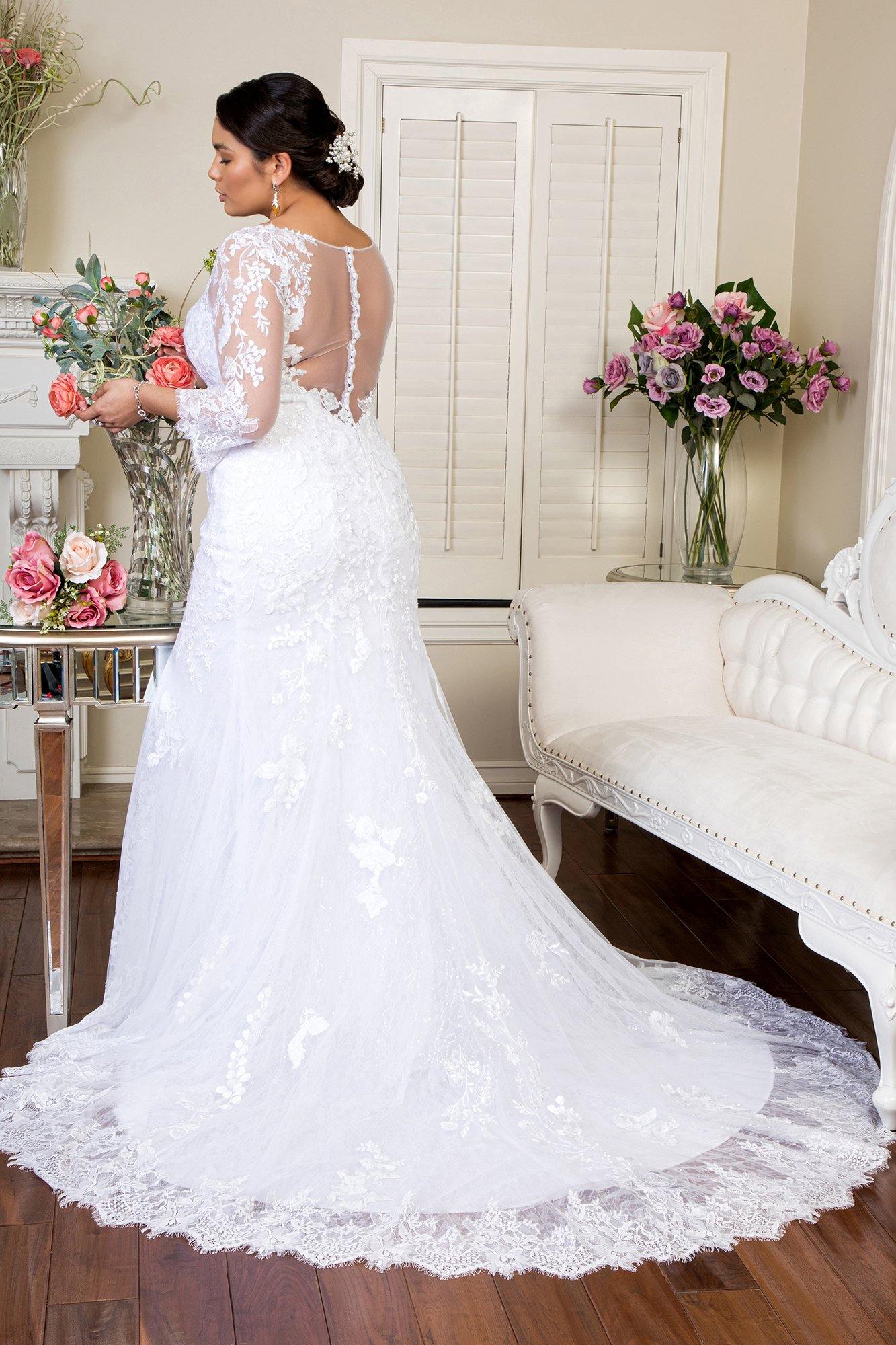 Long Sleeve Sheer Back Mesh Bridal Gown - The Dress Outlet