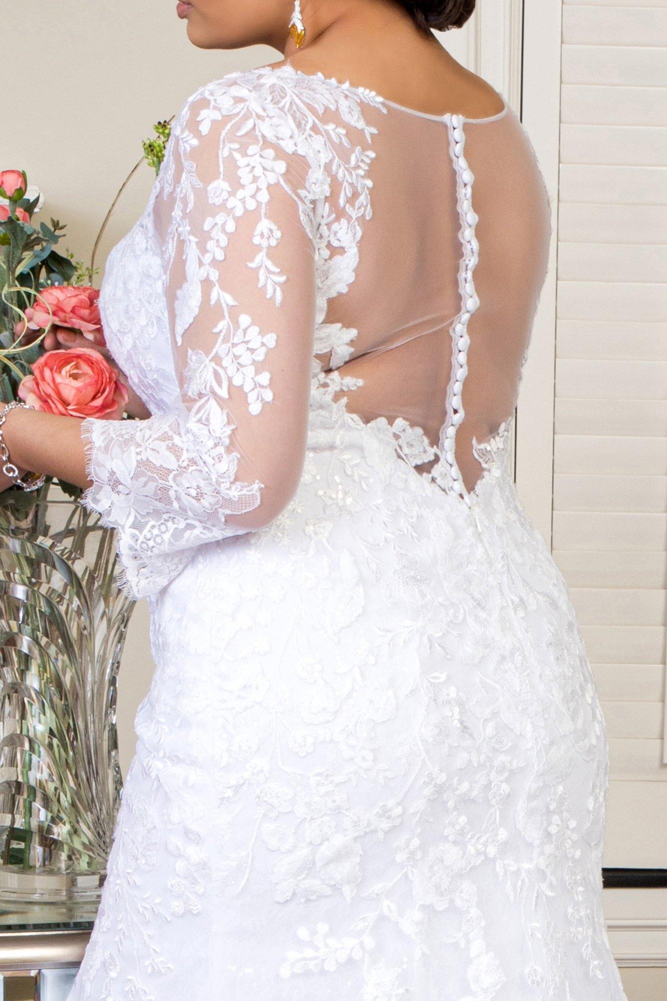 Long Sleeve Sheer Back Mesh Bridal Gown - The Dress Outlet