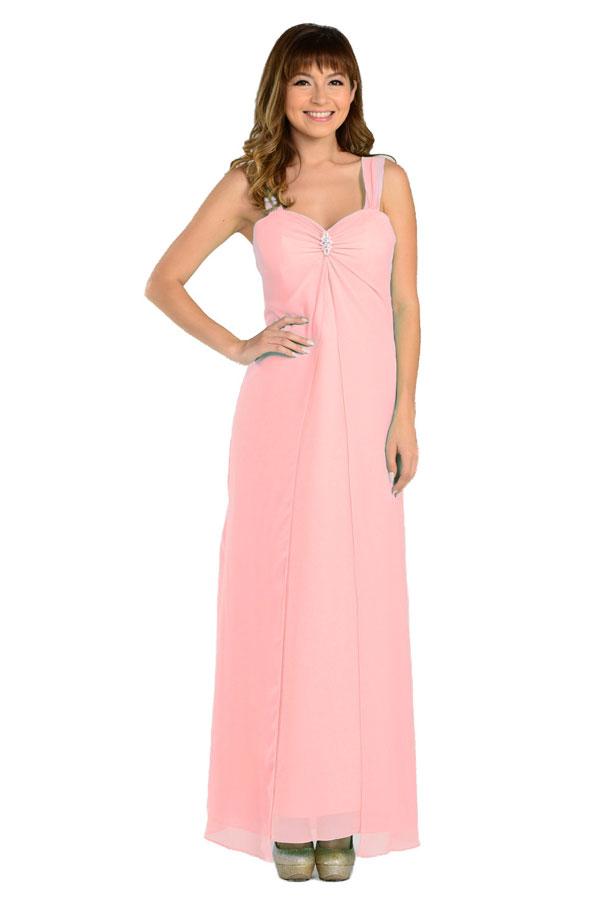 Pink Sweetheart Floor-Length Chiffon Formal Gown Rhinestone Brooch Poly USA 7000