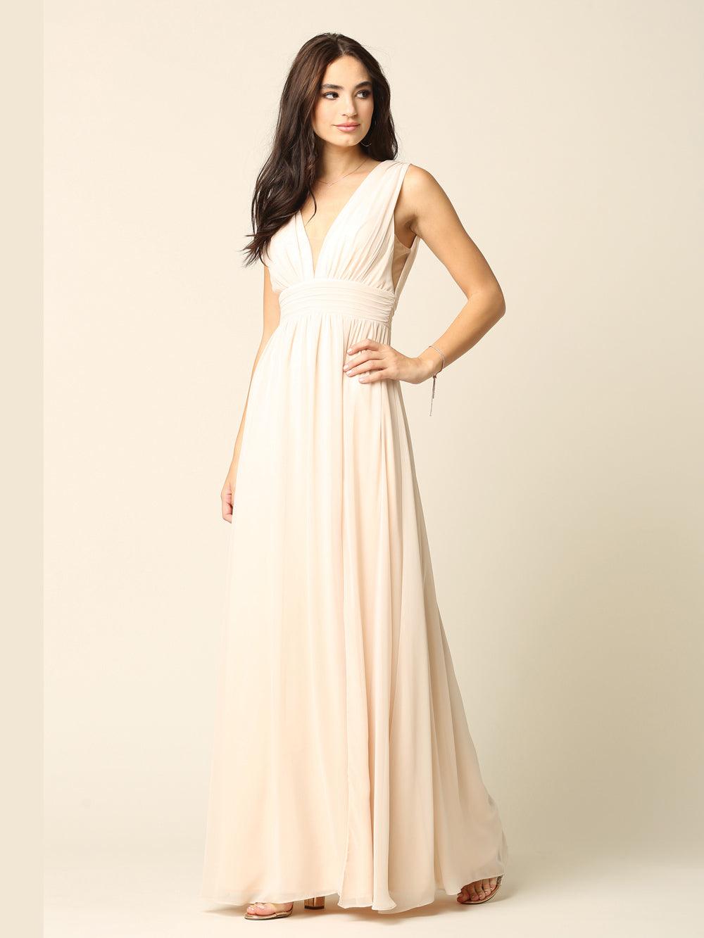 Long Sleeveless Formal Bridesmaids V Neck Dress Champagne