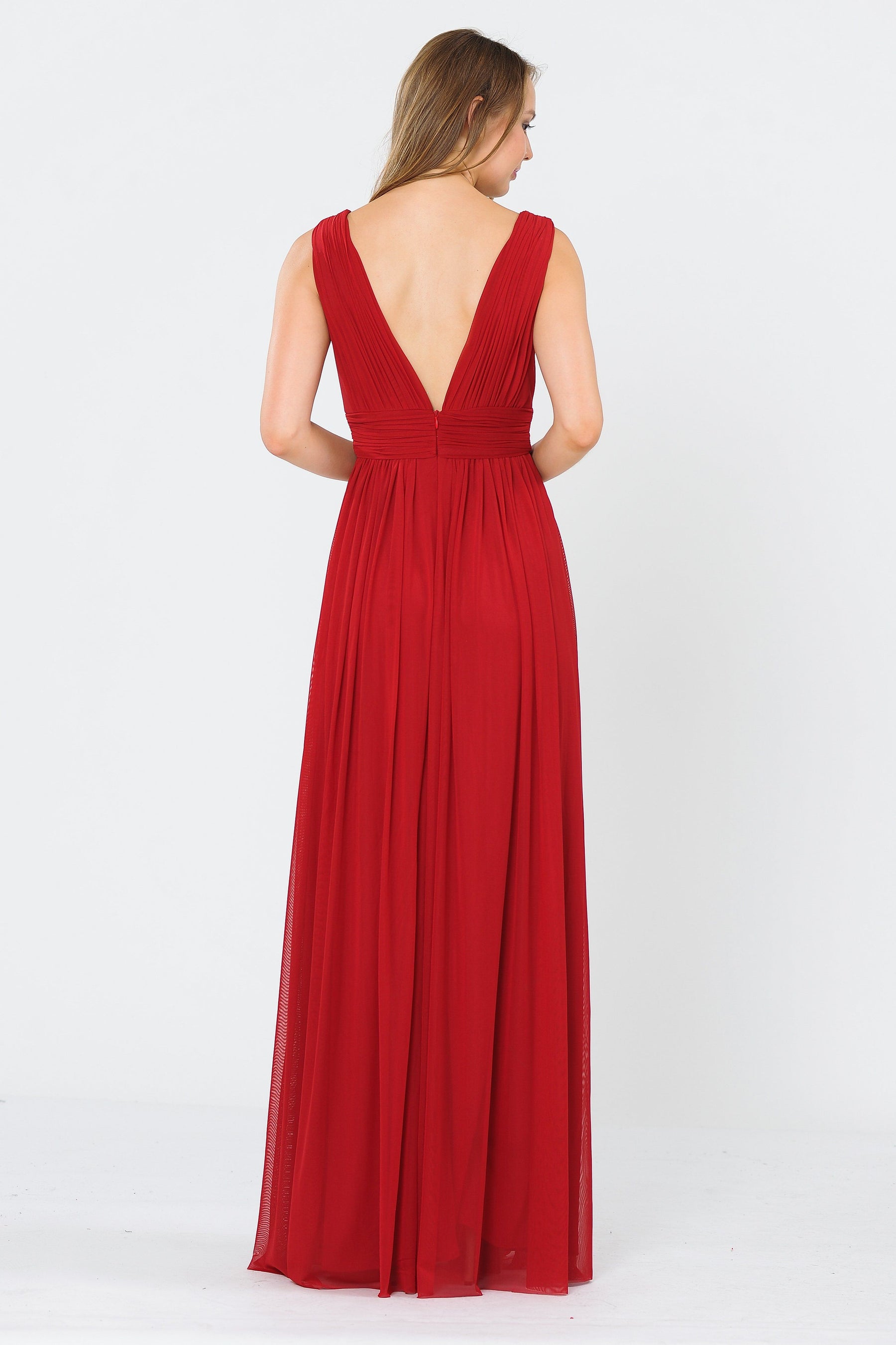 Dark Red V-Neck Floor-Length Ruched Chiffon Formal Gown with Open Back Poly USA 8408