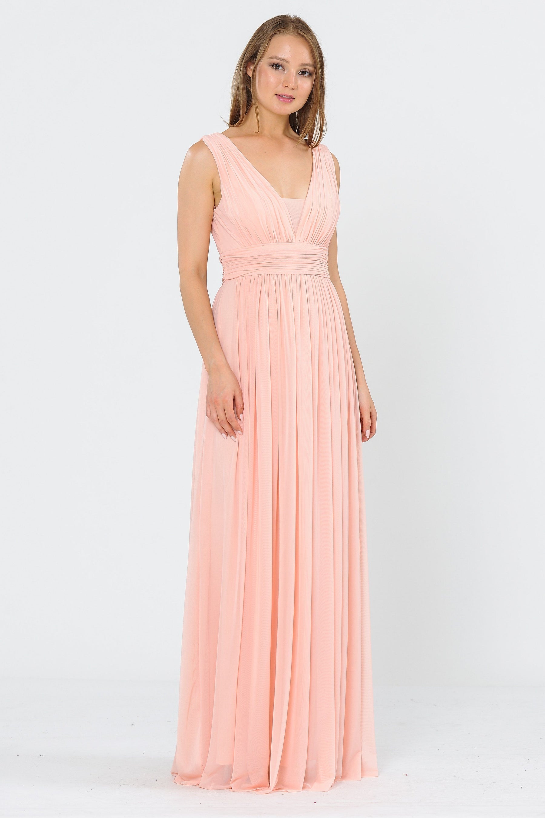 Blush V-Neck Floor-Length Ruched Chiffon Formal Gown with Open Back Poly USA 8408