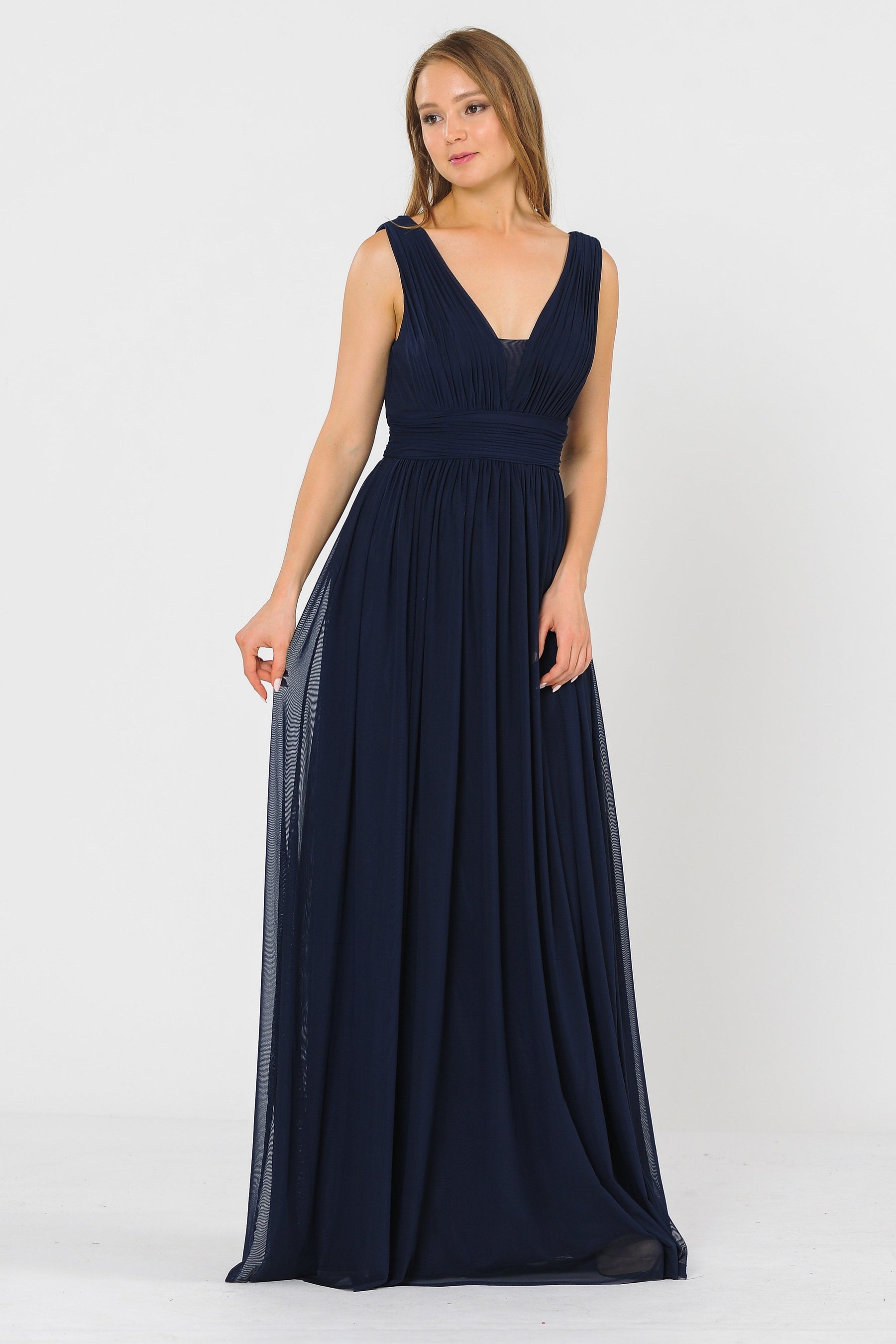 Navy V-Neck Floor-Length Ruched Chiffon Formal Gown with Open Back Poly USA 8408