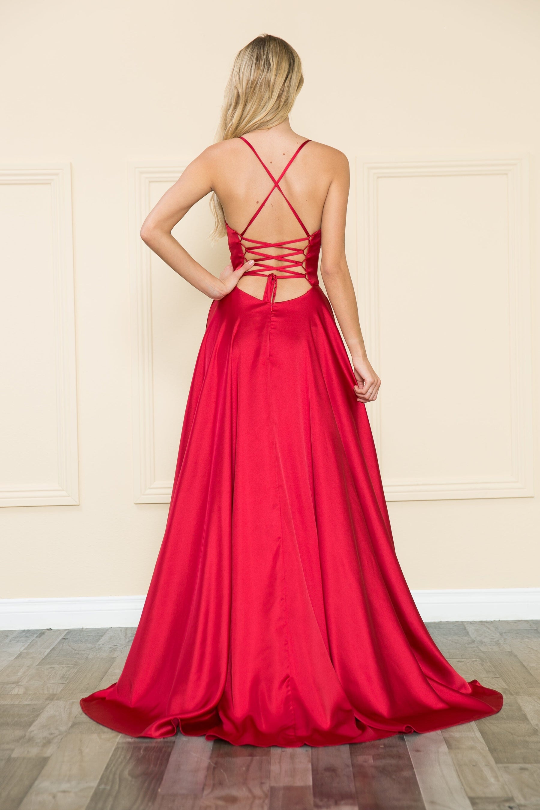 Red Square Neck Floor-Length Satin Prom Dress with Pockets and Side Slit Poly USA 8910