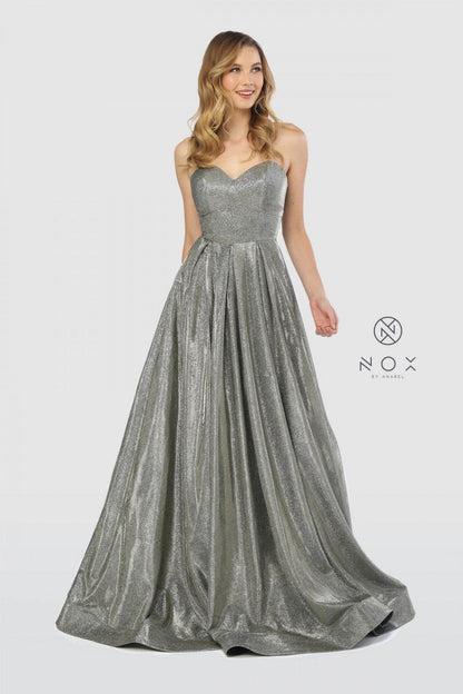 Long Strapless Metallic Prom Long Dress Evening Gown - The Dress Outlet Nox Anabel