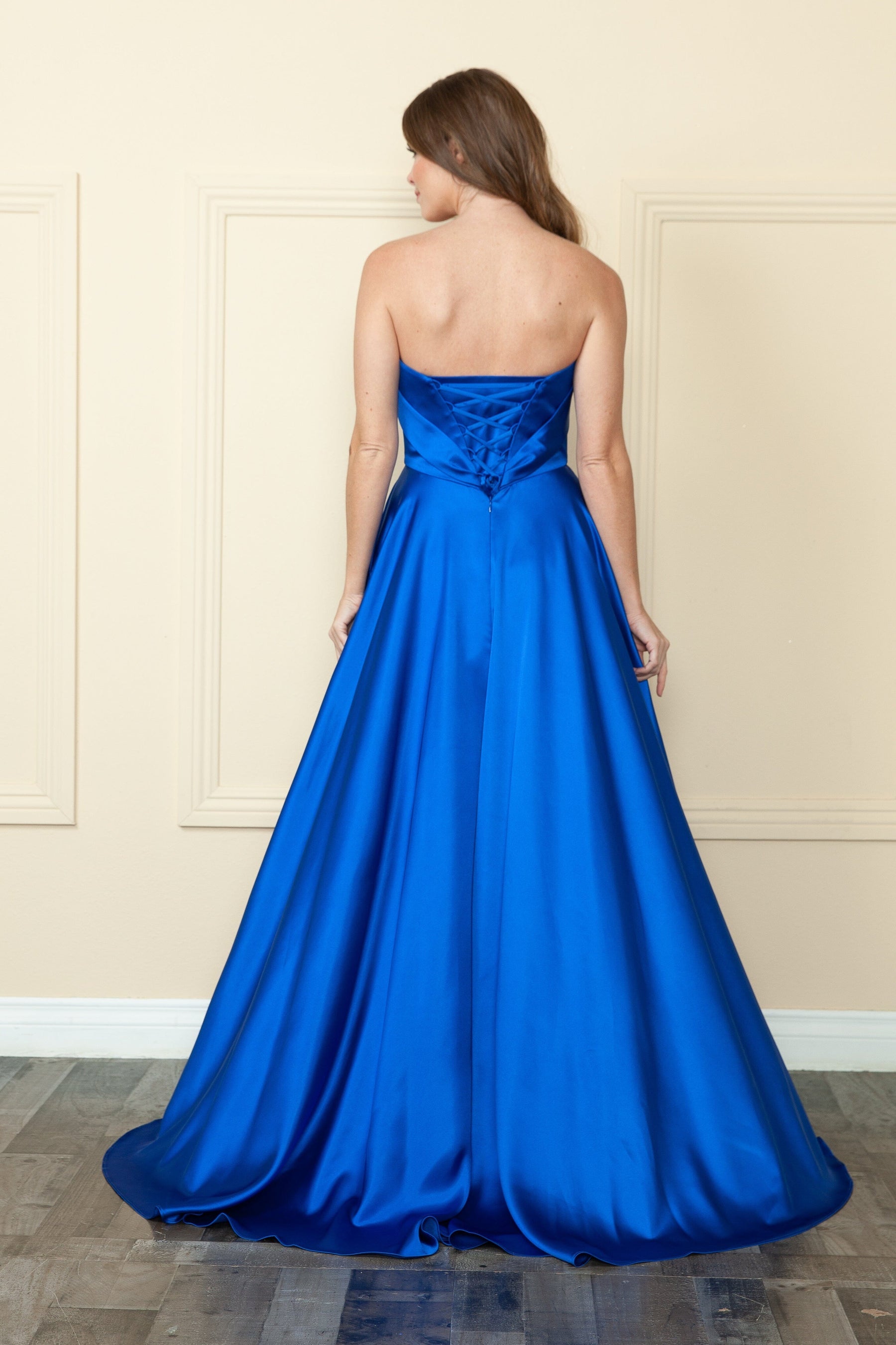 Royal Strapless Floor-Length Satin Prom Gown with High Slit Formal Gown Poly USA 9188