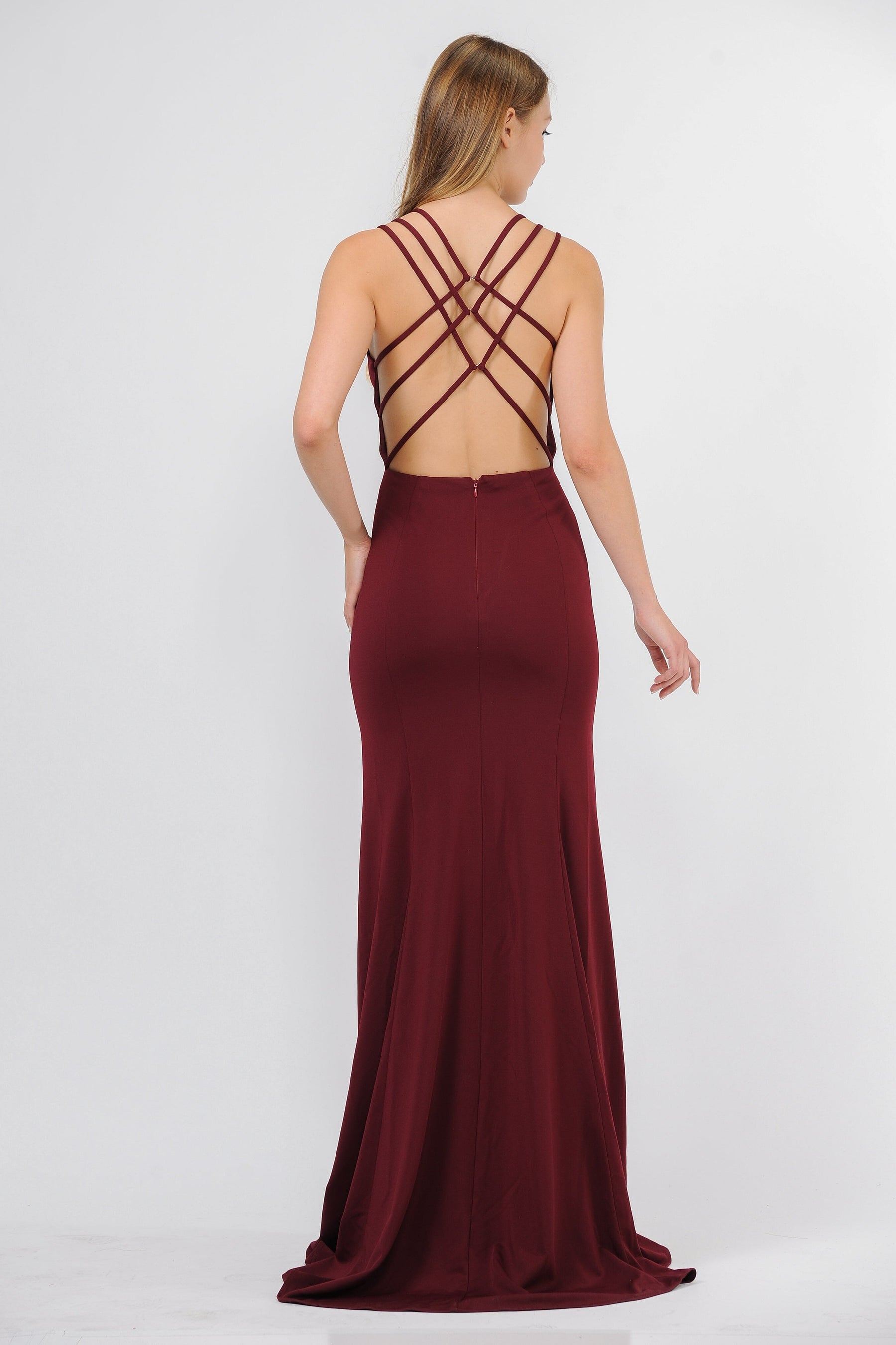 Burgundy Square-Neck Floor-Length Jersey Prom Dress with Criss-Cross Strappy Back Poly USA 8468