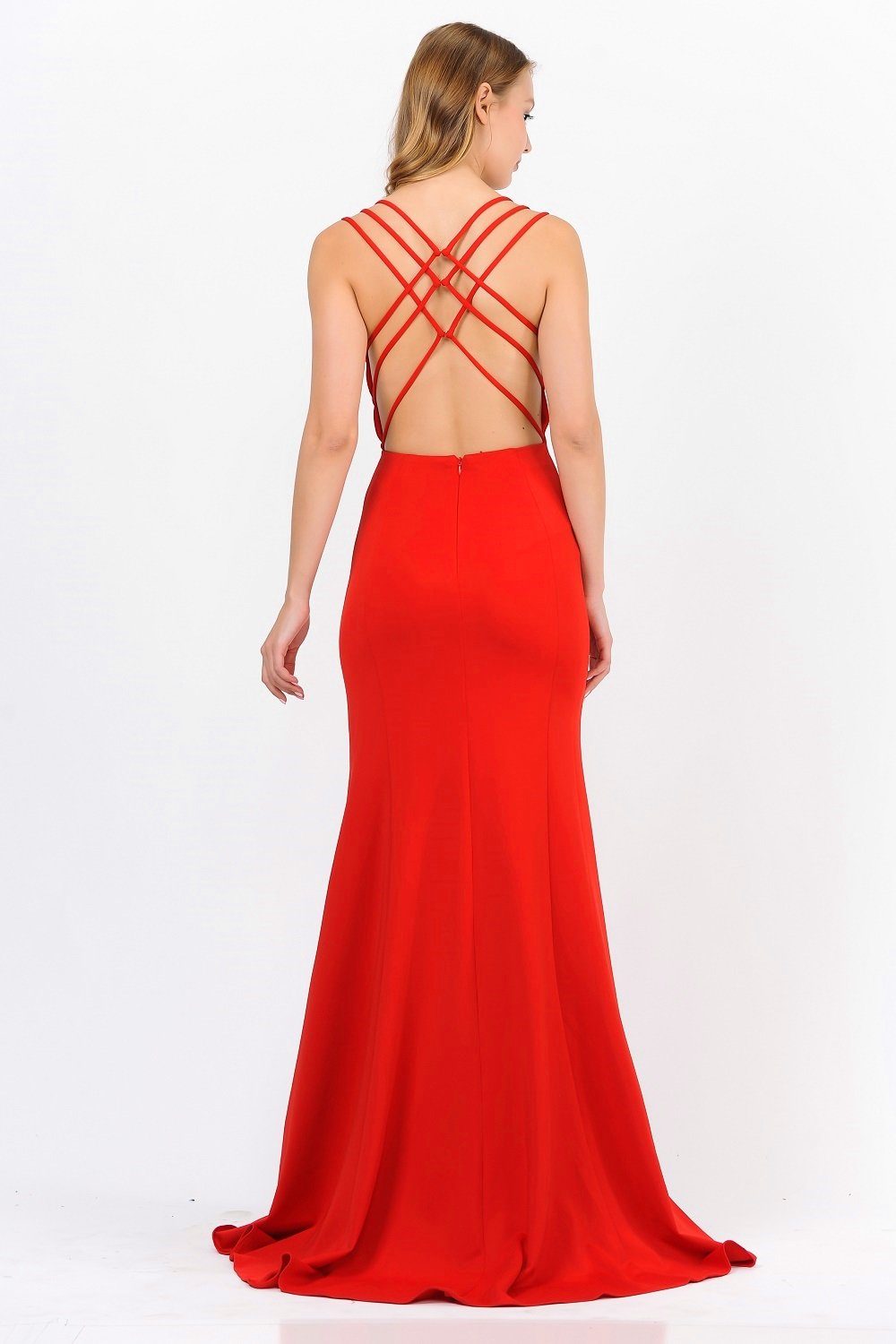 Red Square-Neck Floor-Length Jersey Prom Dress with Criss-Cross Strappy Back Poly USA 8468