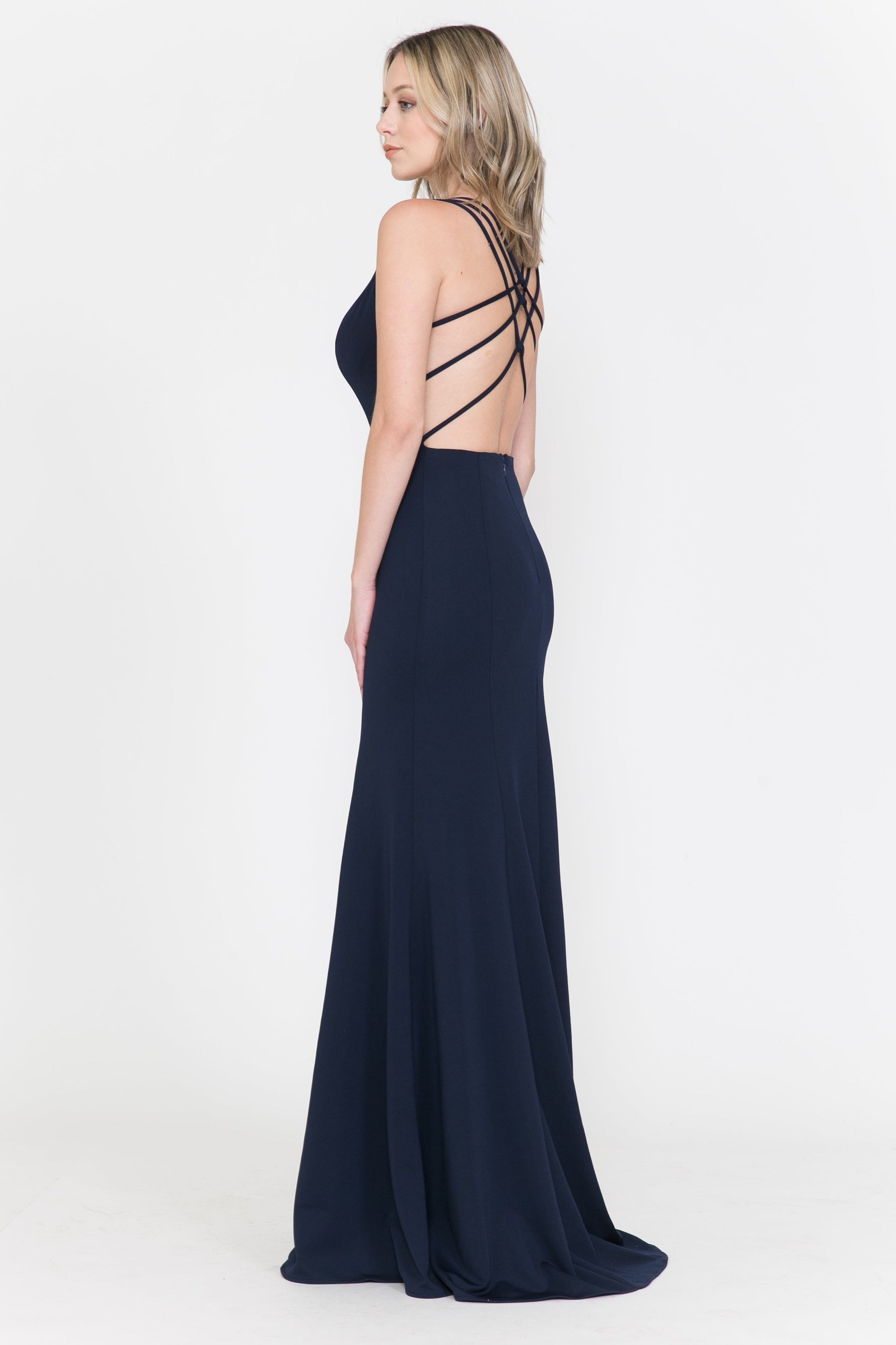 Navy Square-Neck Floor-Length Jersey Prom Dress with Criss-Cross Strappy Back Poly USA 8468