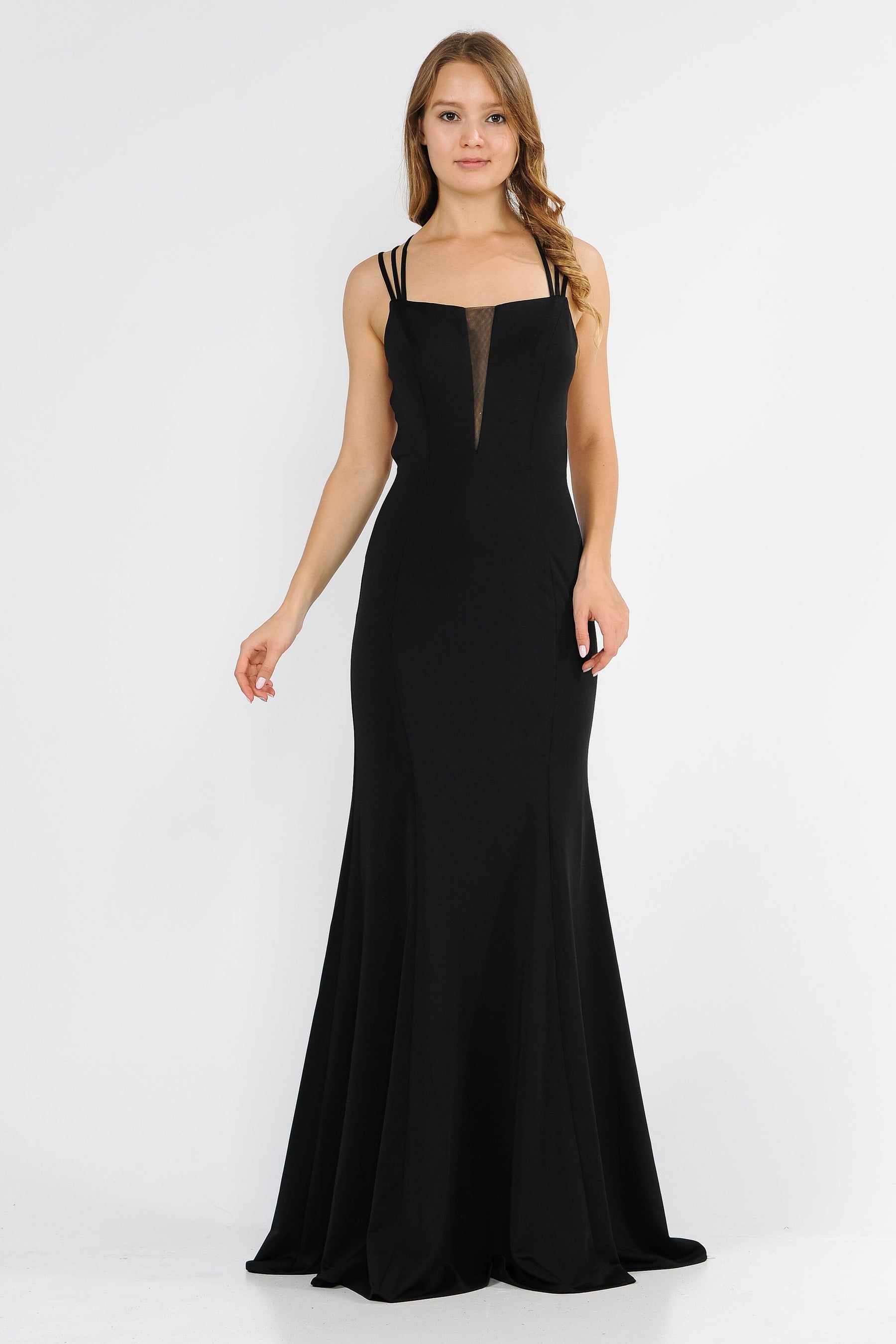 Black Square-Neck Floor-Length Jersey Prom Dress with Criss-Cross Strappy Back Poly USA 8468