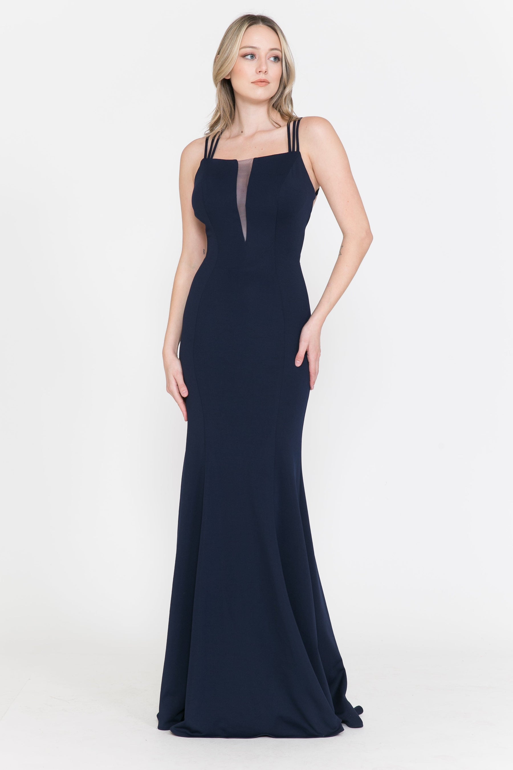 Navy Square-Neck Floor-Length Jersey Prom Dress with Criss-Cross Strappy Back Poly USA 8468