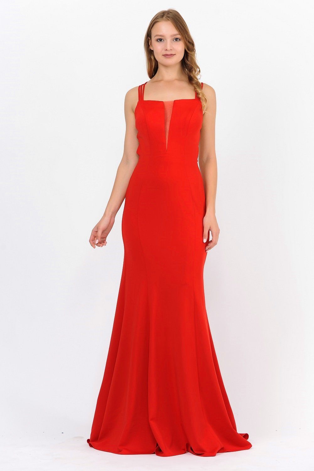 Red Square-Neck Floor-Length Jersey Prom Dress with Criss-Cross Strappy Back Poly USA 8468