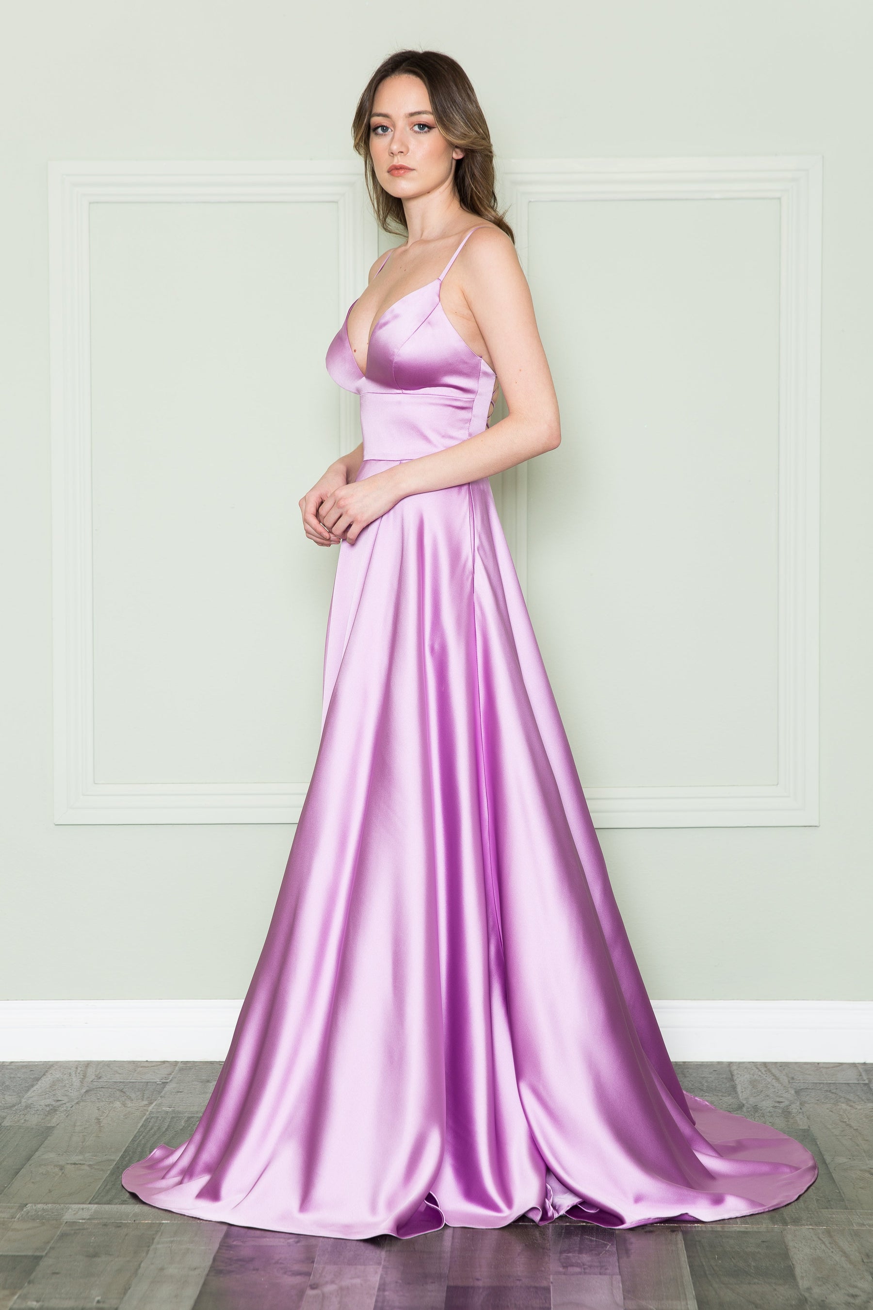 Lilac V-Neck Floor-Length Satin Prom Dress with Side Slit Poly USA 8908