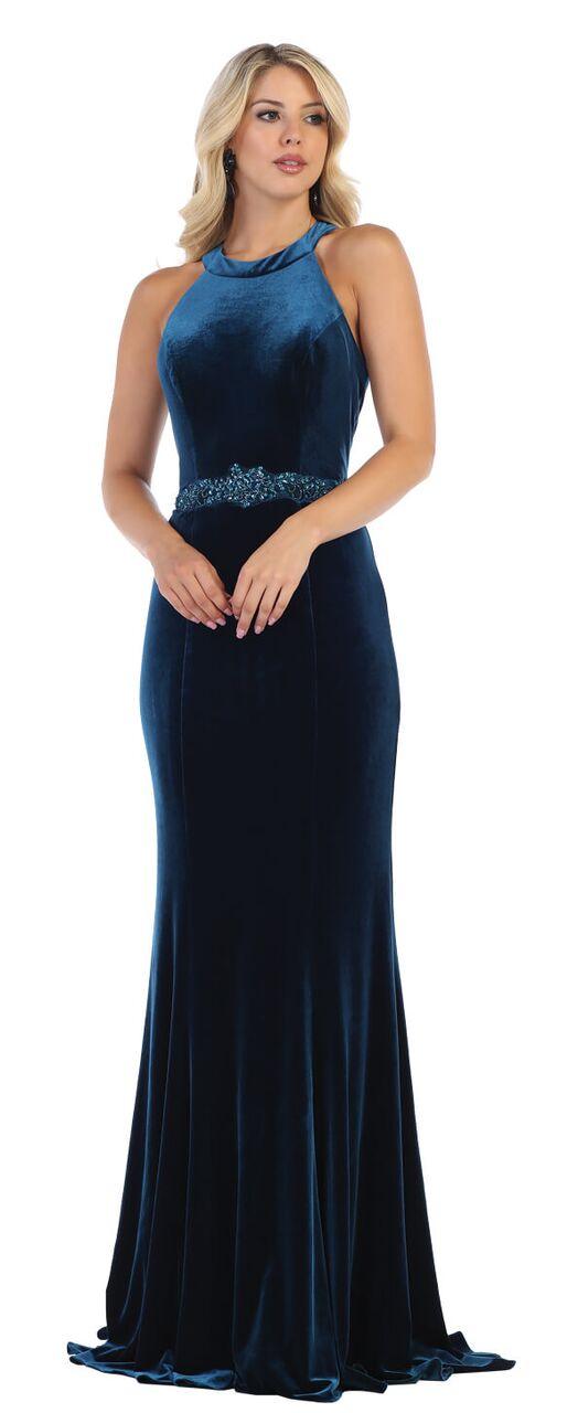 Long Velvet Halter Neck Prom Dress Formal Evening Gown - The Dress Outlet May Queen