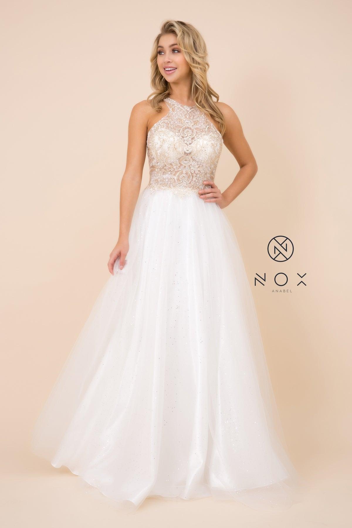 White Gold Long Formal Gown Sexy Halter Prom Dress White Gold
