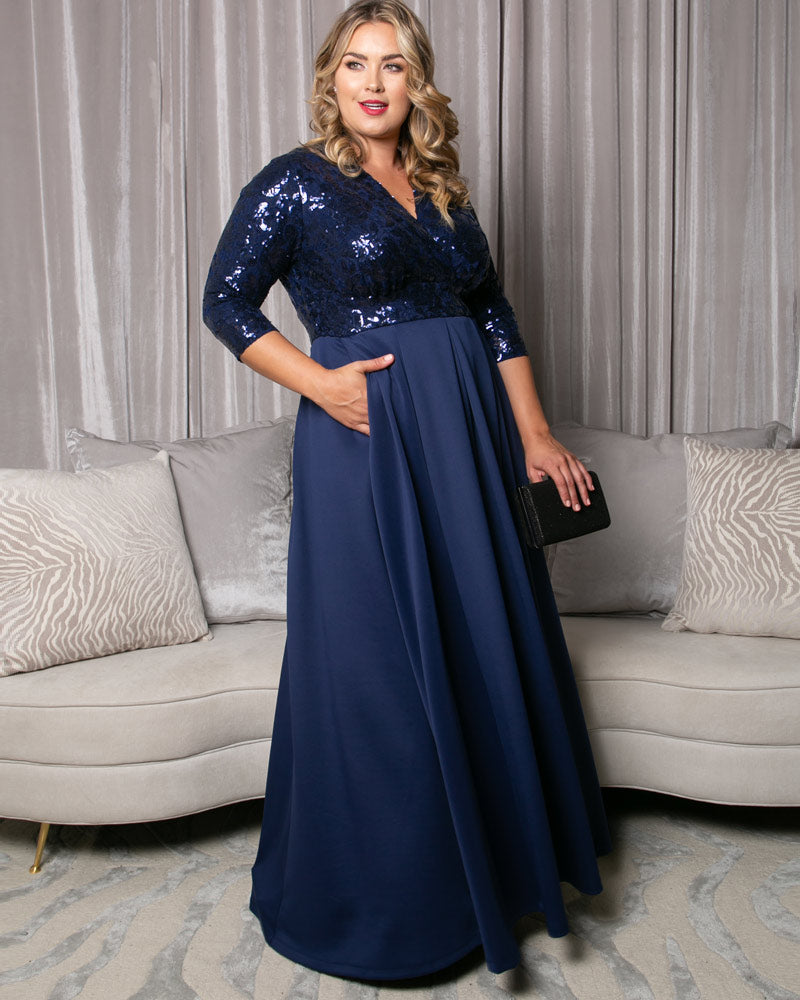 Plus Size Dresses Sequin Pleated Long Formal Plus Size Dress Kiyona 14190901 Nocturnal Navy