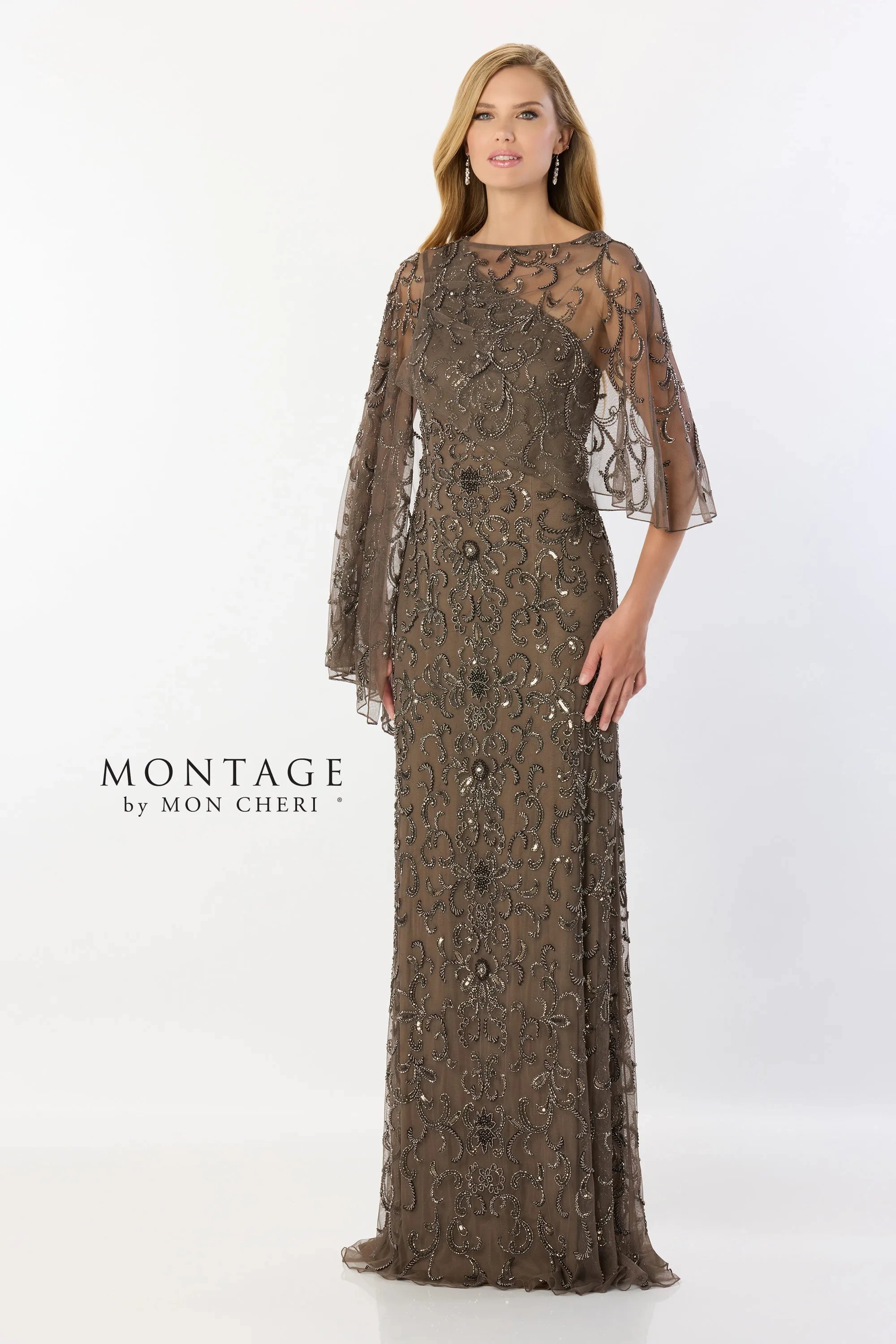 Lead Montage M2241 Long Formal Beaded Sequin Evening Capelet Dress