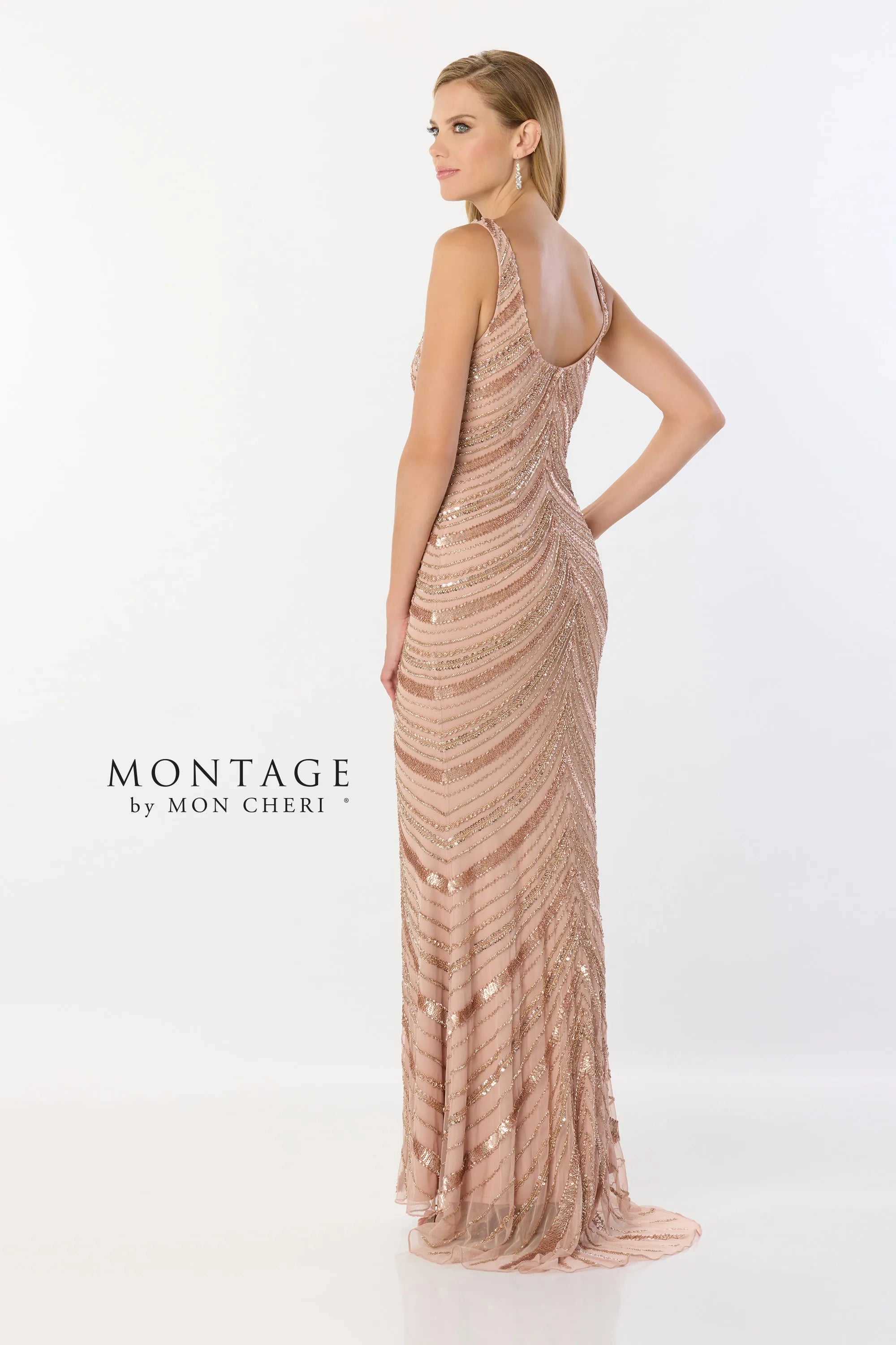 Formal Dresses Long Fitted Sequin Detachable Sleeve Formal Dress Rose Gold