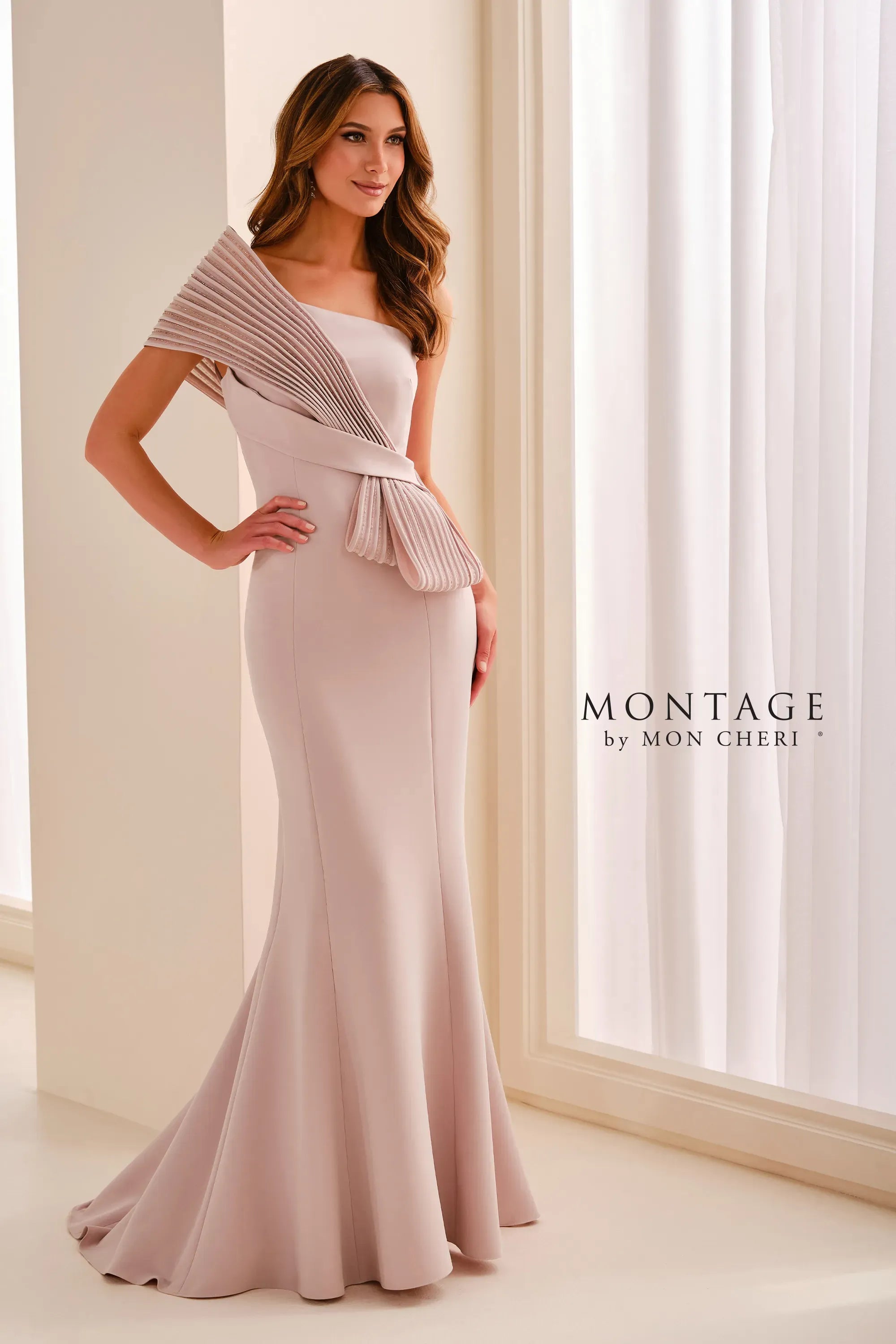 One-Shoulder Floor-Length Crepe Formal Sheath/Column Montage M3211