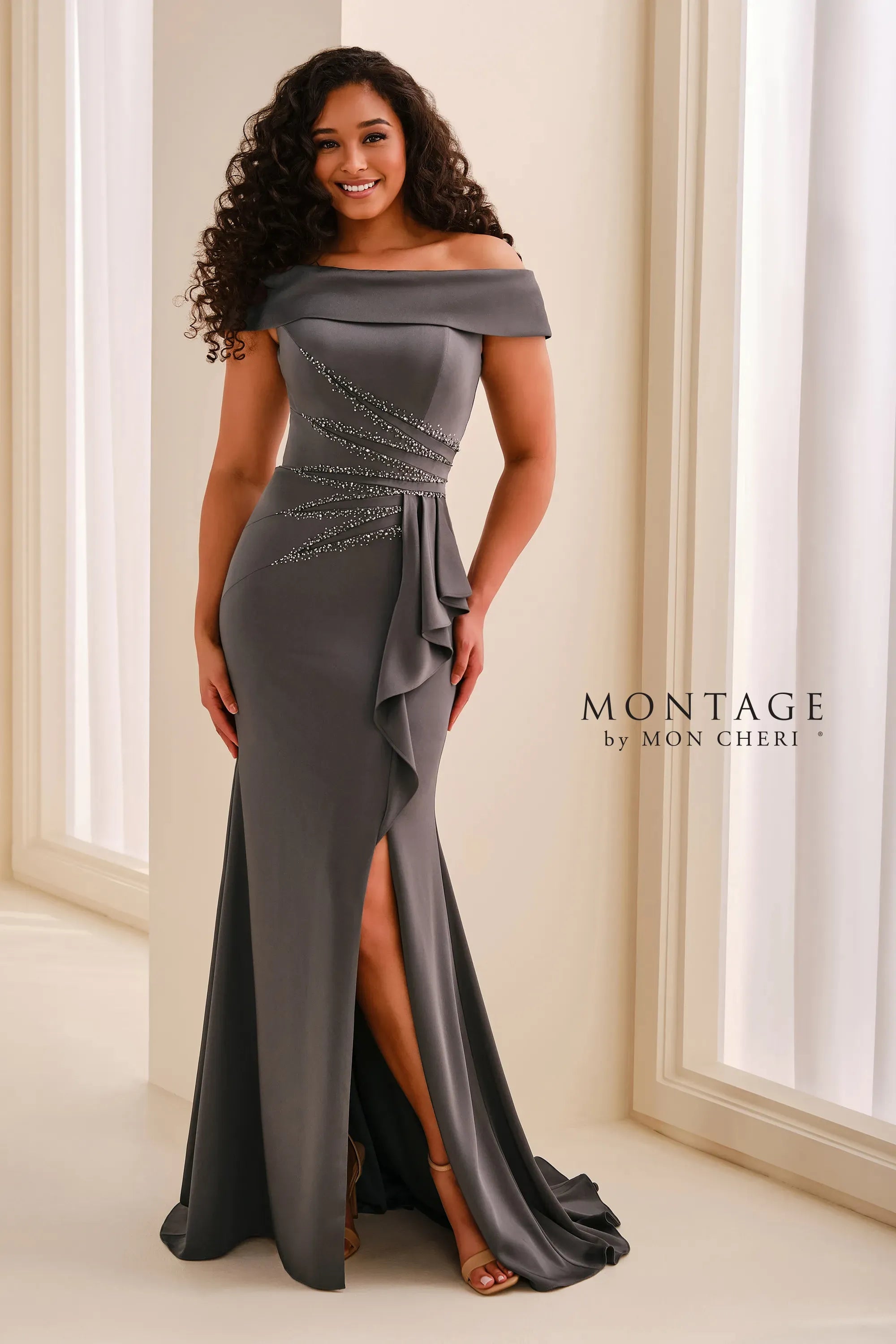 Off-the-Shoulder Floor-Length Crepe Formal Mermaid Dress Montage M3213
